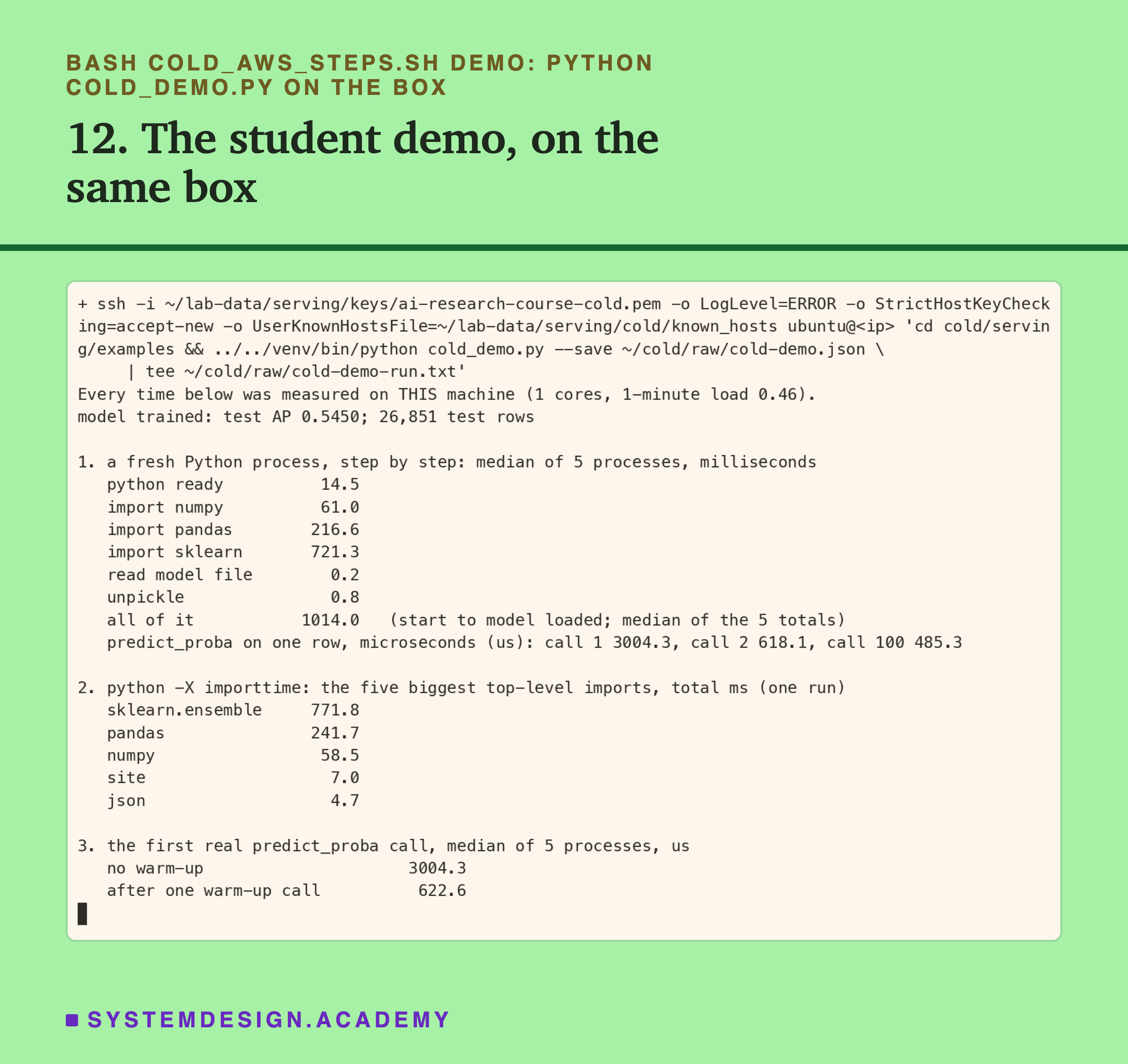 A real terminal recording of step 12, with the address replaced by a placeholder: python cold_demo.py on the box, its output also written to cold-demo-run.txt. It prints the machine, 1 cores, load 0.46, and test AP 0.5450. Part 1, a fresh Python process step by step, median of 5, ms: python ready 14.5, import numpy 61.0, import pandas 216.6, import sklearn 721.3, read model file 0.2, unpickle 0.8, all of it 1014.0; predict_proba on one row, call 1 3004.3 us, call 2 618.1, call 100 485.3. Part 2, -X importtime, top-level imports in ms: sklearn.ensemble 771.8, pandas 241.7, numpy 58.5, site 7.0, json 4.7. Part 3, the first real predict_proba call: no warm-up 3004.3 us, after one warm-up call 622.6 us.