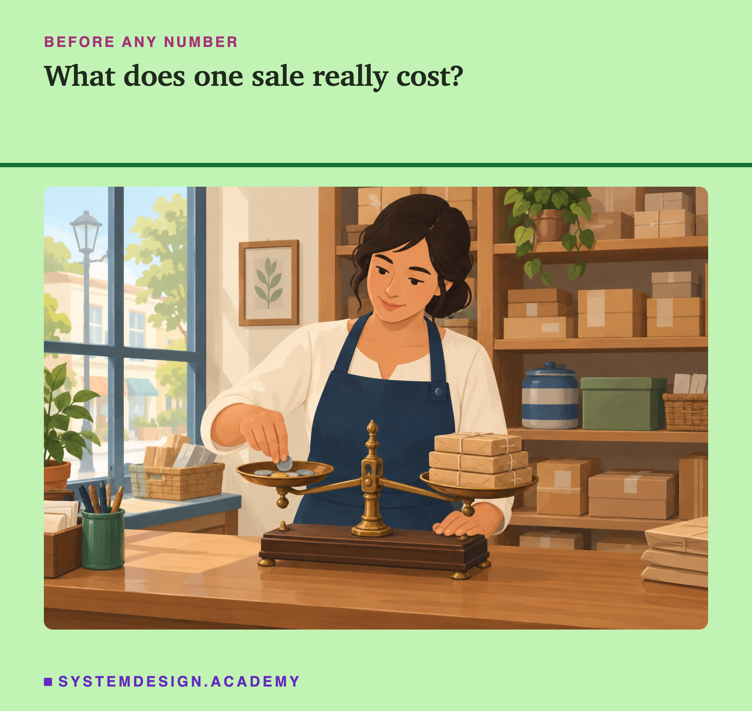 A flat illustration of a small corner shop with shelves of parcels and a window onto a sunny street. A shopkeeper in a navy apron stands behind a wooden counter. With one hand she drops a coin onto one pan of an old brass balance; on the other pan sits a small stack of wrapped parcels tied with string.