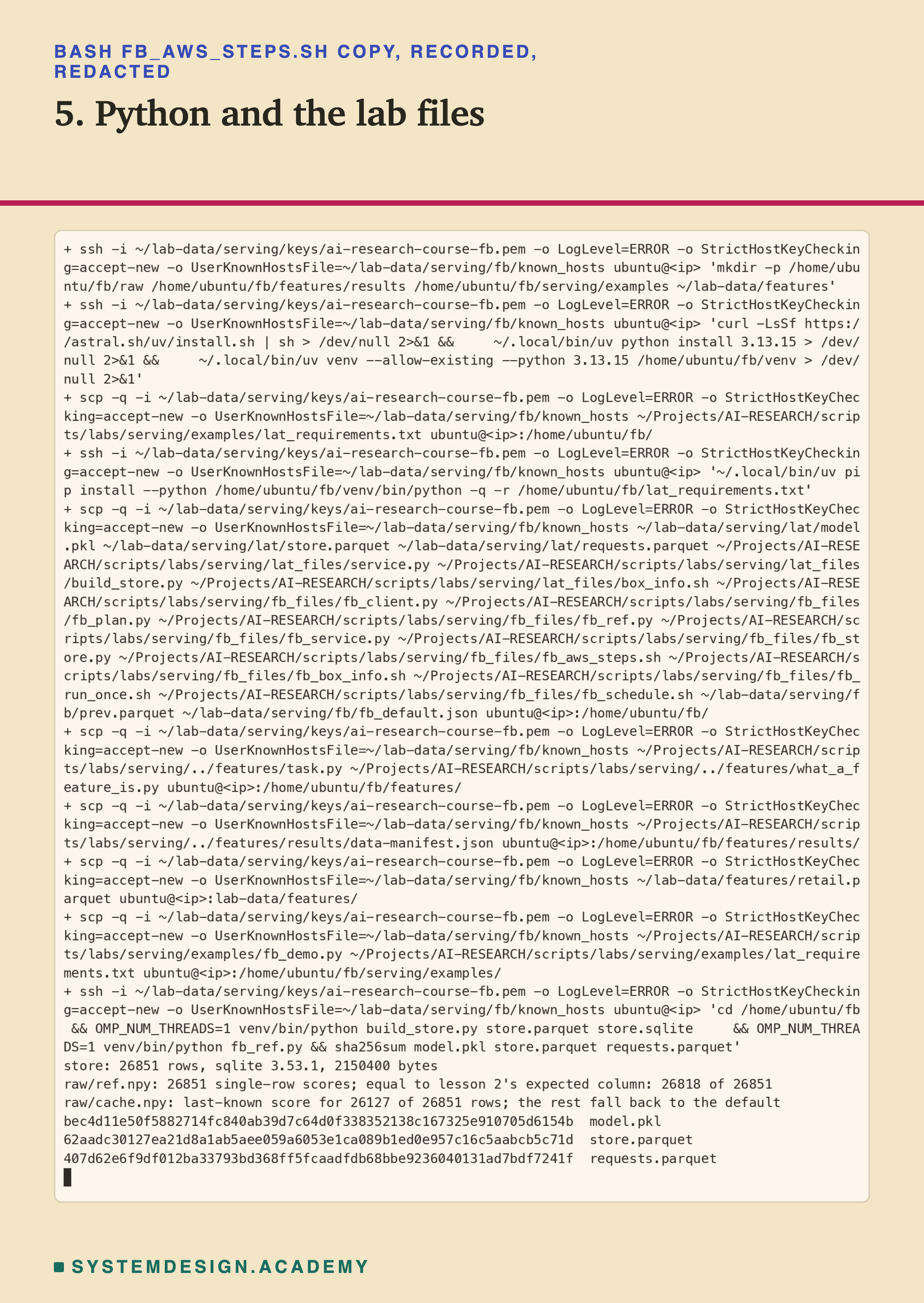 A real terminal recording of step 5, with the address replaced by a placeholder and my home folder shortened to a tilde. Over ssh: make the folders; install uv, Python 3.13.15 and a venv; install the pinned packages. Then scp copies lesson 2's model, data and service files, this lesson's fb_files, the month-earlier numbers and the default score, the features chapter's files and data, and the demo. Last: store: 26851 rows, sqlite 3.53.1; raw/ref.npy: 26851 single-row scores, equal to lesson 2's expected column 26818 of 26851; raw/cache.npy: last-known score for 26127 of 26851 rows; the sha256 of model.pkl starts bec4d11e, store.parquet 62aadc30, requests.parquet 407d62e6.