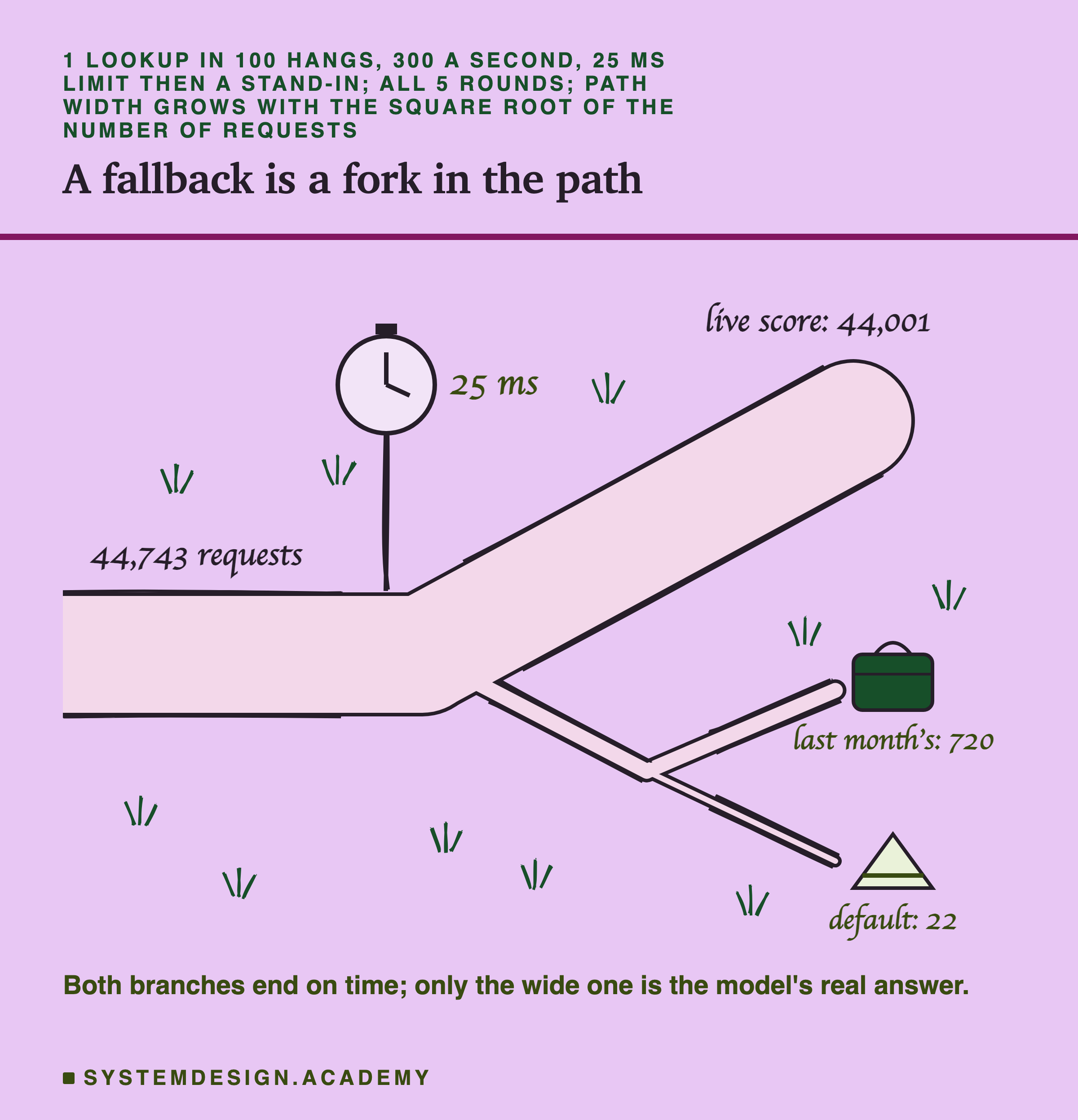 A hand-drawn footpath on one calm ground, with grass tufts on both sides; the width of each part grows with the square root of the number of requests. A wide path labelled 44,743 requests reaches a signpost with a stopwatch marked 25 ms, where it forks. The wide branch climbs to the upper right and ends under the label live score: 44,001. A thin branch goes down and splits again: one end has a small lunchbox, labelled last month's: 720, and a thinner end has a sandwich, labelled default: 22. Caption: both branches end on time; only the wide one is the model's real answer.