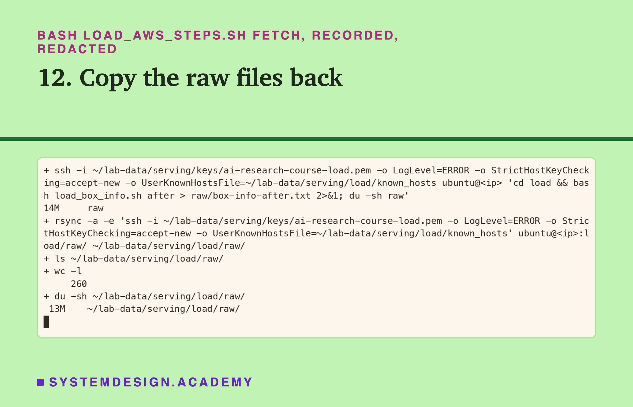 A real terminal recording of step 12, with the address replaced by a placeholder. Over ssh, the box records its info after the schedule and prints the size of its raw folder, 14M; then rsync copies the box's load/raw folder to my laptop; ls counts 260 files; du prints 13M for the copy.