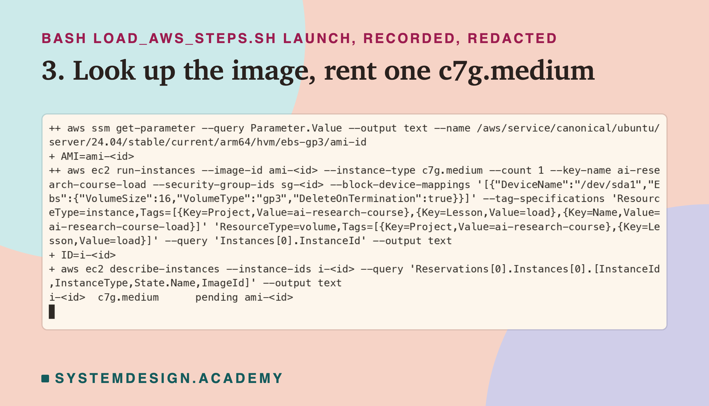 A real terminal recording of step 3, with the image, group and instance ids replaced by placeholders. aws ssm get-parameter reads the Ubuntu 24.04 arm64 image id into AMI; aws ec2 run-instances with that image, type c7g.medium, the key ai-research-course-load, a 16 GiB gp3 disk deleted on termination and the tags Project, Lesson and Name, asking only for the instance id, which goes into ID; describe-instances prints the id, c7g.medium, pending and the image id.