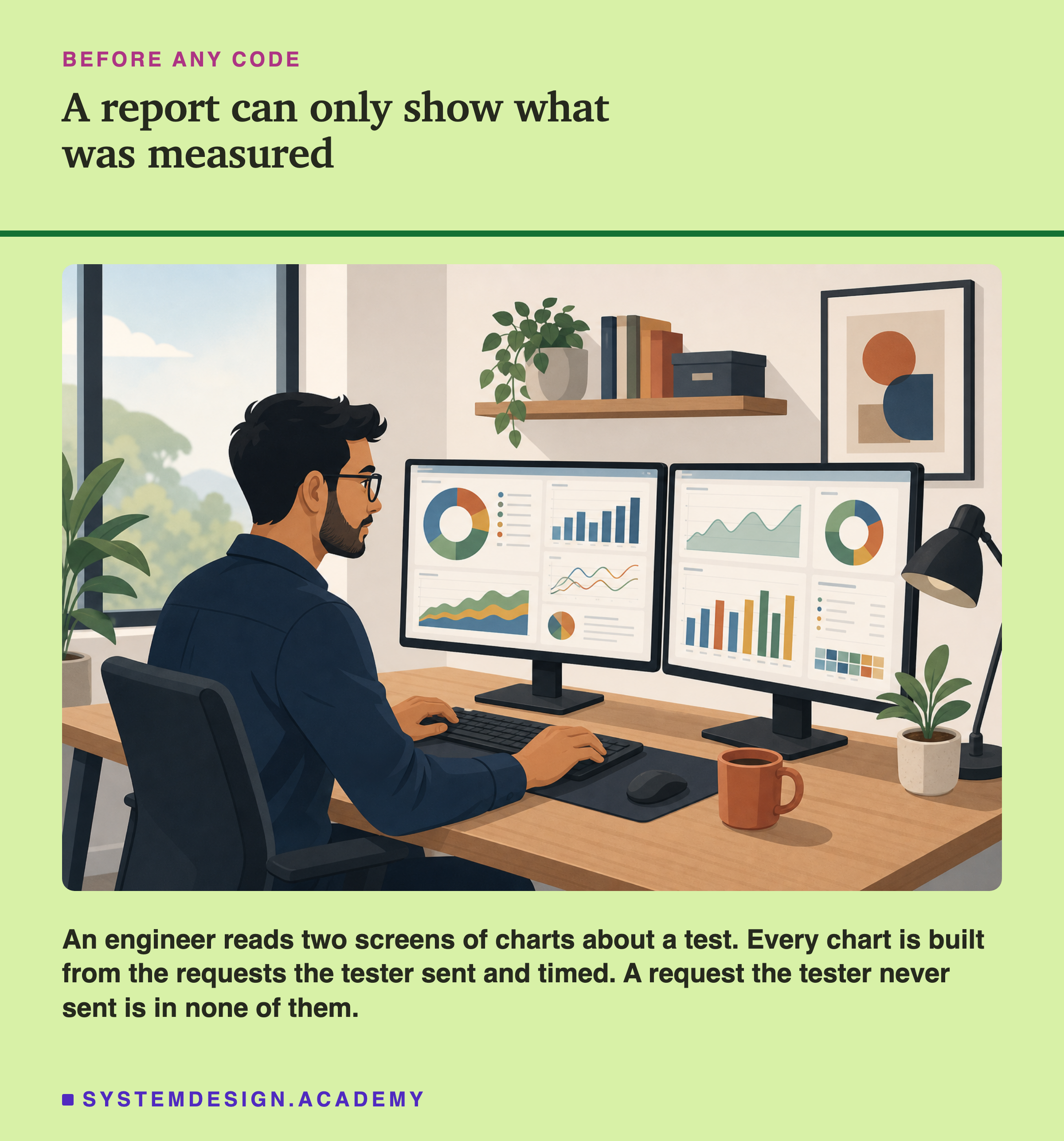 A flat illustration of an engineer at a desk with two monitors full of charts: rings, bars and lines, a plant, a lamp and a coffee mug beside the keyboard. Below the picture: an engineer reads two screens of charts about a test; every chart is built from the requests the tester sent and timed; a request the tester never sent is in none of them.