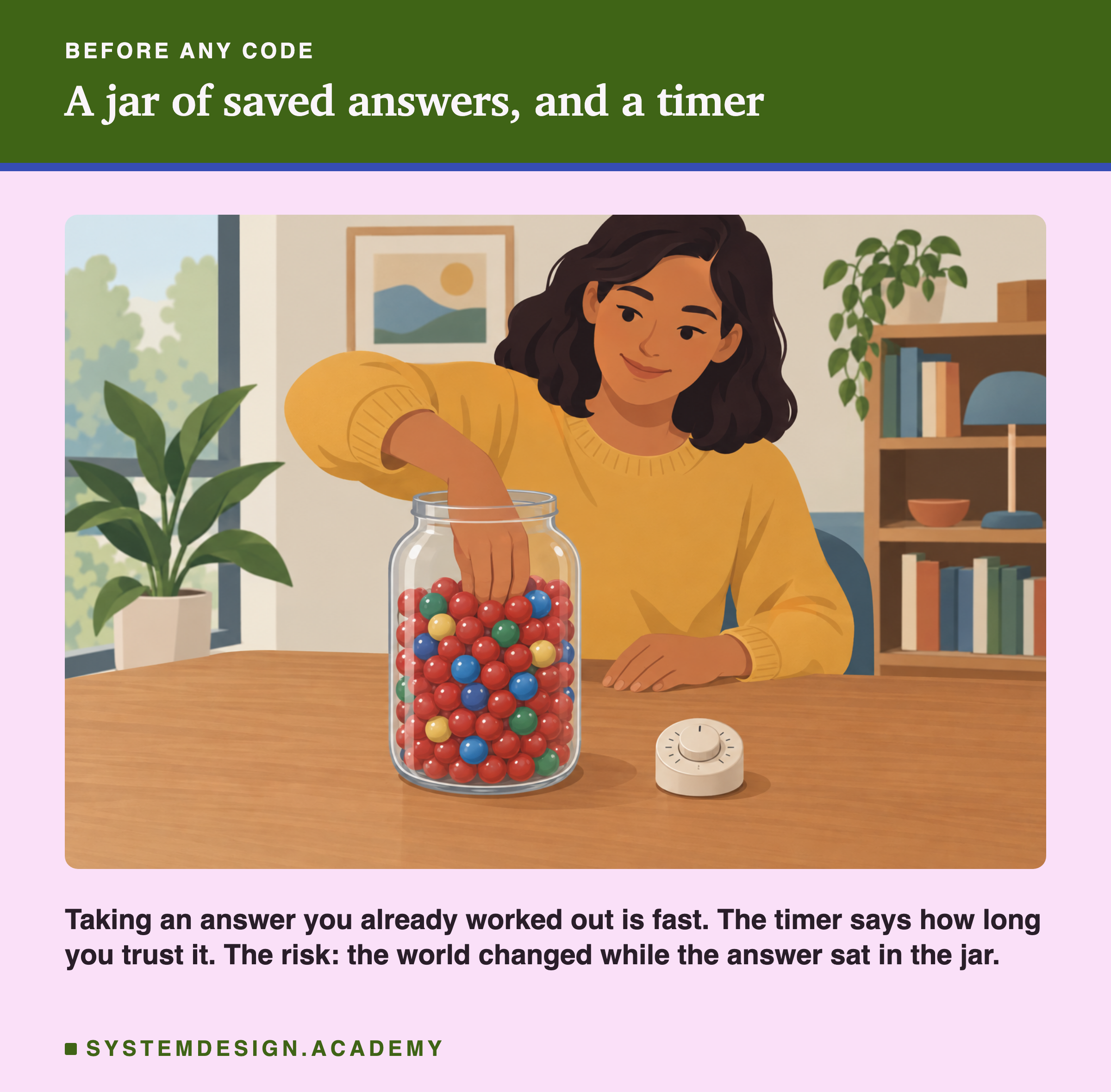 A flat illustration of a woman at a wooden table, reaching into a big glass jar full of colourful balls, with a small kitchen timer on the table beside the jar. Below the picture: taking an answer you already worked out is fast; the timer says how long you trust it; the risk is that the world changed while the answer sat in the jar.