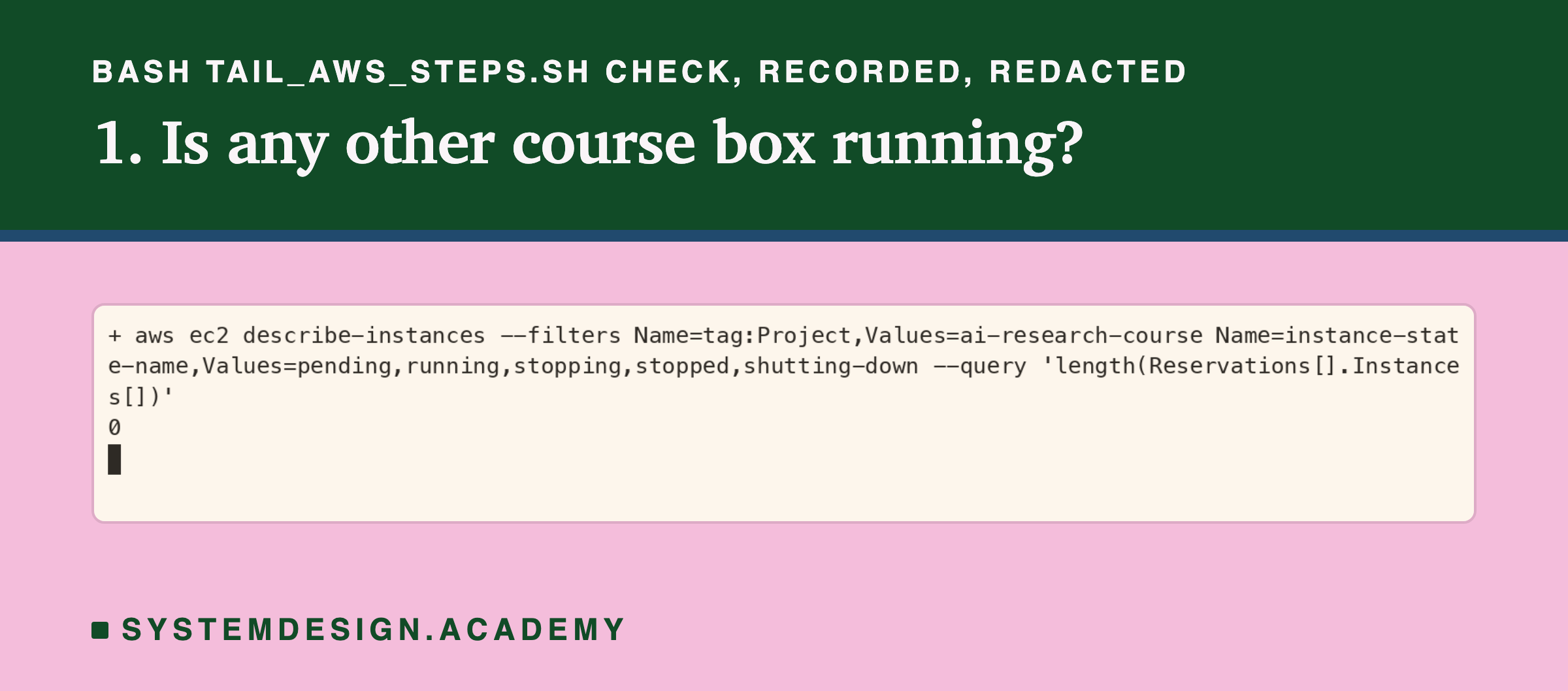 A real terminal recording of step 1. The shell prints the command aws ec2 describe-instances with filters for the tag Project=ai-research-course and the states pending, running, stopping, stopped and shutting-down, asking for the number of instances; the answer is 0.