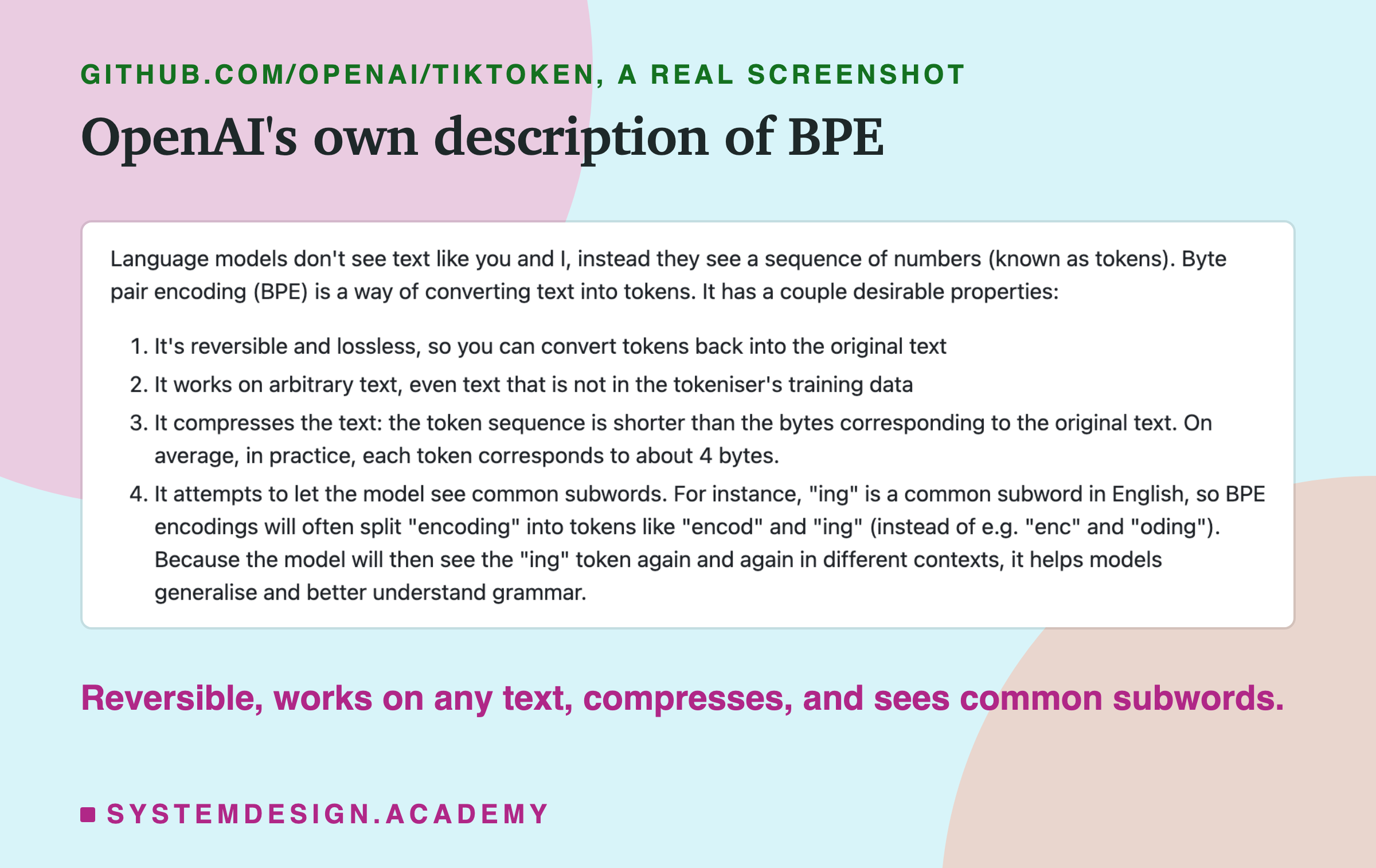 A real screenshot of the tiktoken README on GitHub, section on byte pair encoding. It lists four properties: reversible and lossless, works on any text, compresses text to about 4 bytes per token on average, and lets the model see common subwords like ing.