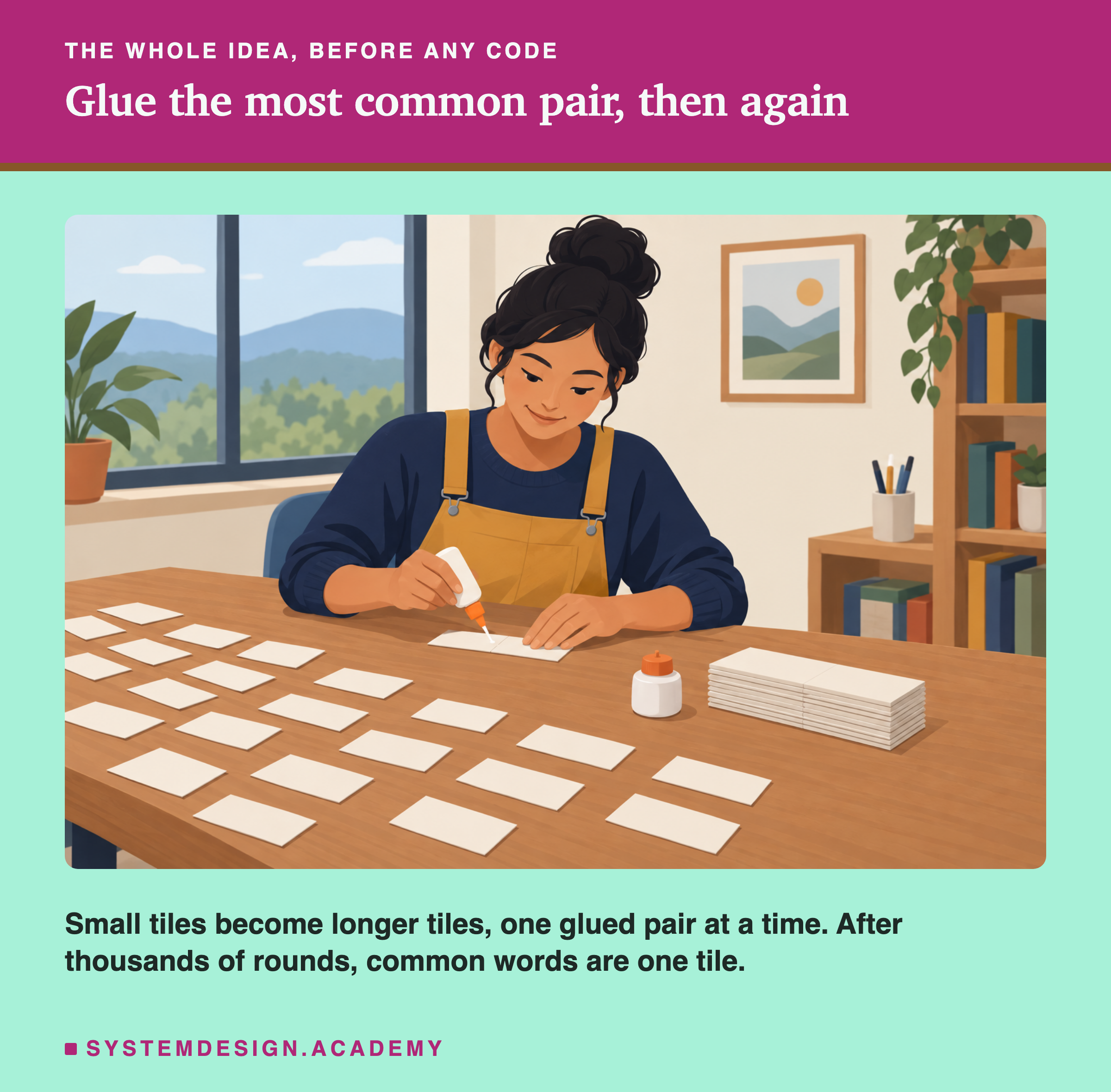 An illustration of an engineer at a table covered with small blank tiles, gluing two tiles together into one longer tile, with a stack of joined tiles beside her. A line says small tiles become longer tiles one glued pair at a time.