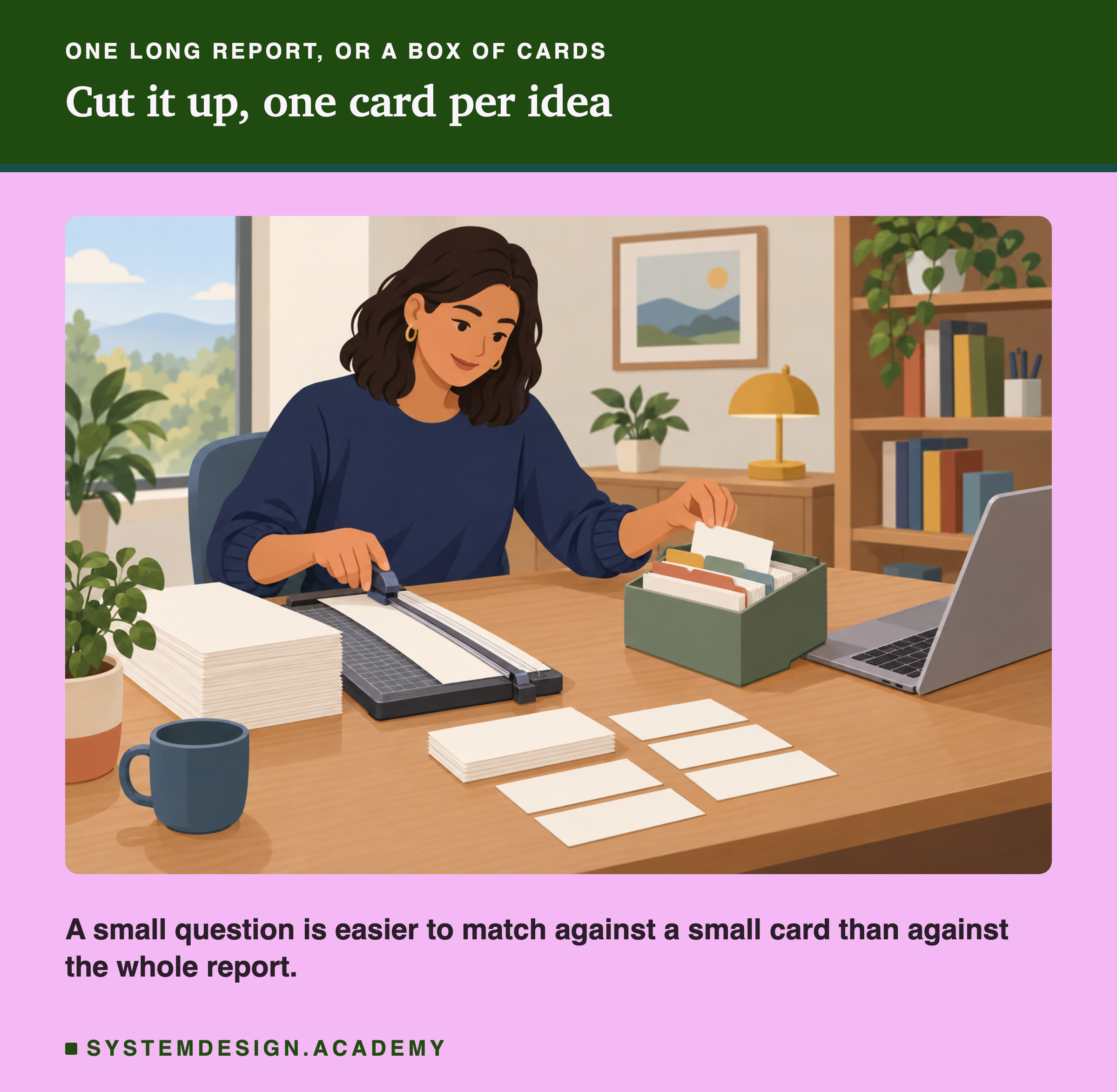 An illustration of an engineer at a desk cutting a long report into blank index cards with a paper trimmer and filing them into a card box with dividers. A line says a small question is easier to match against a small card than against the whole report.