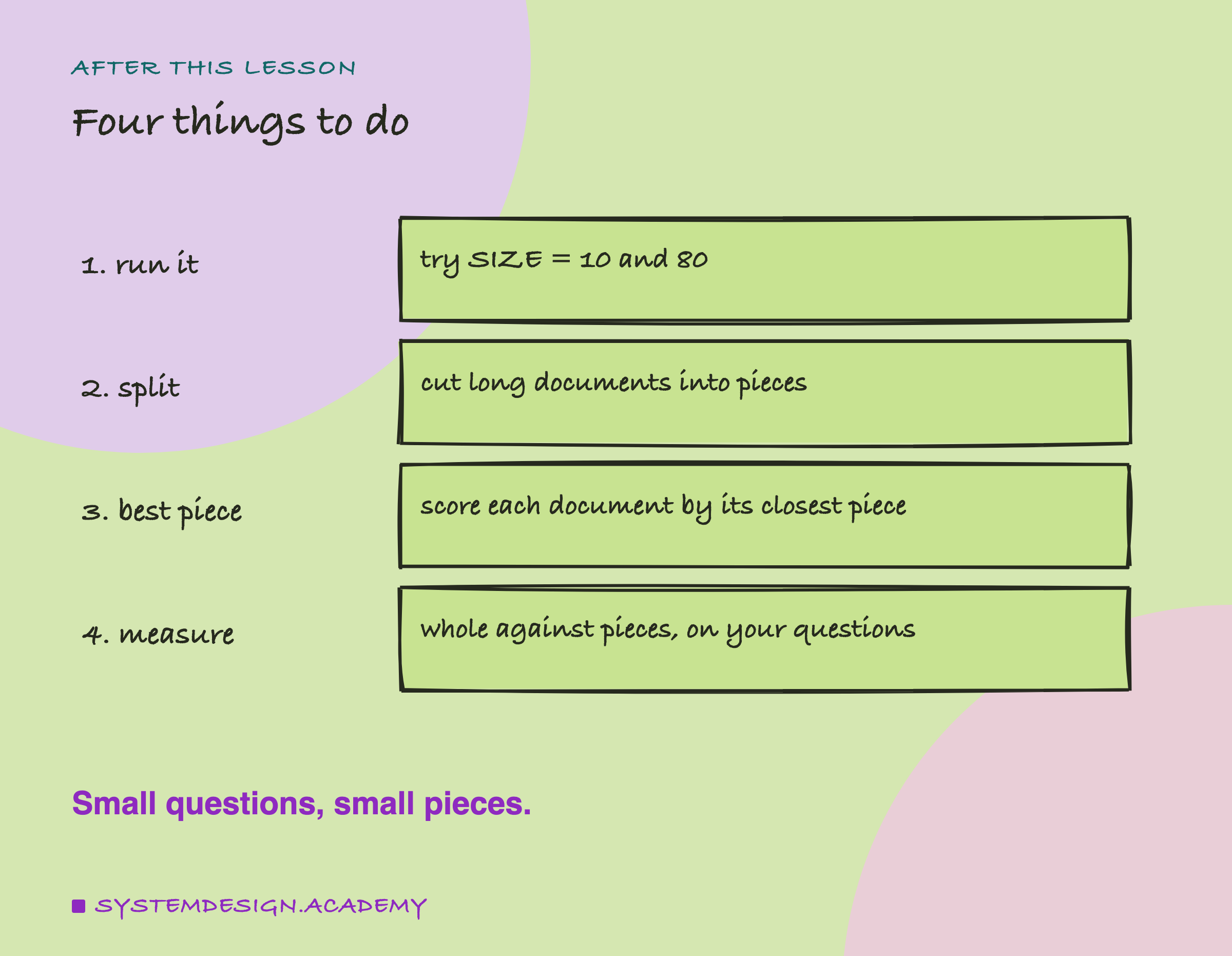 A hand-drawn list of four things to do: run the example with SIZE set to 10 and 80, split long documents into pieces, score each document by its closest piece, and measure whole against pieces on your own questions.