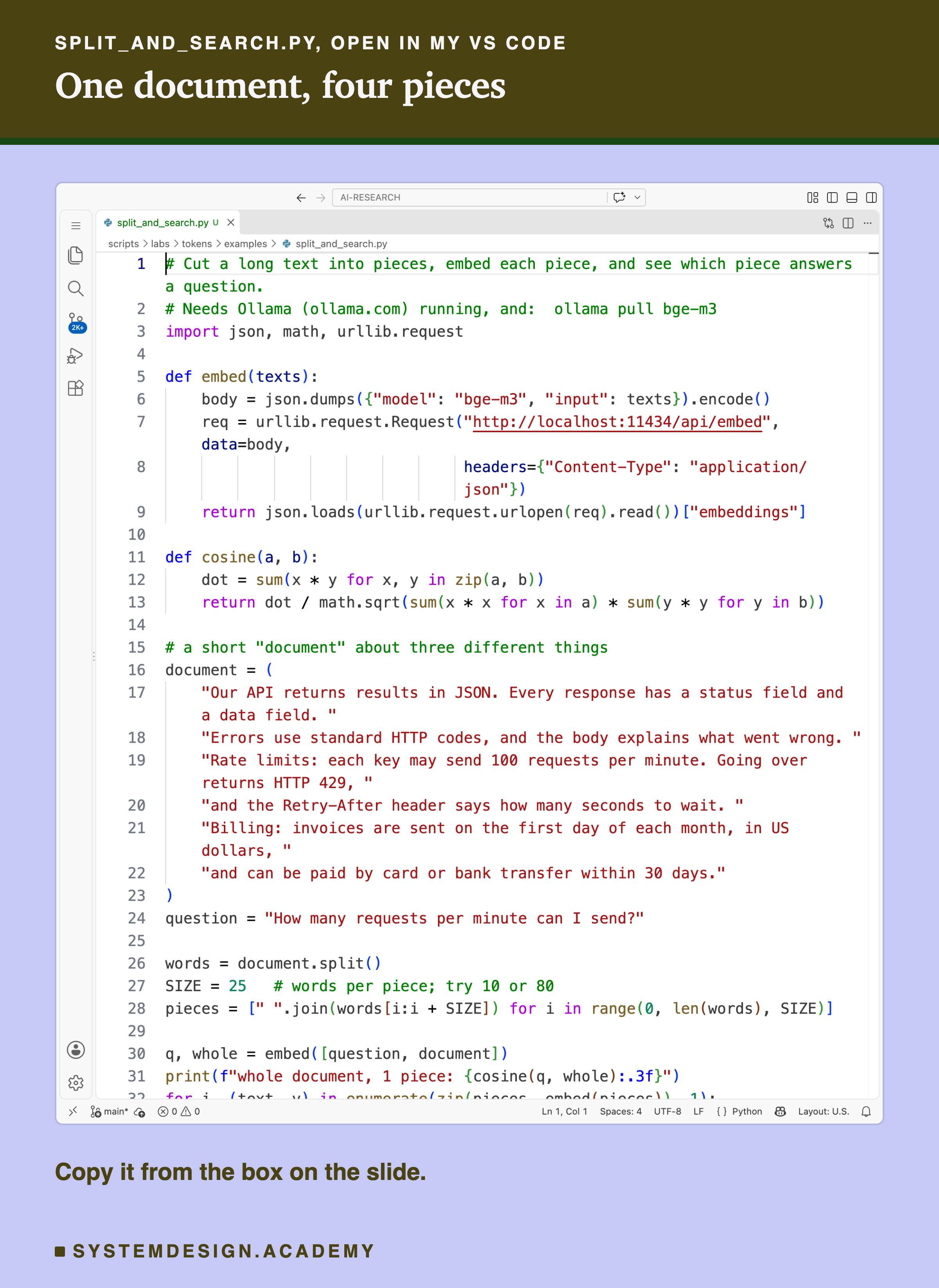 A real screenshot of split_and_search.py open in VS Code: a short document about response format, rate limits and billing, cut into pieces of 25 words, with the question how many requests per minute can I send, scored against the whole document and each piece with bge-m3.