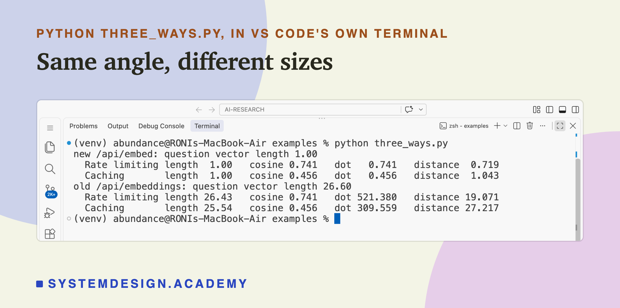A real screenshot of VS Code's terminal after running python three_ways.py. With the new endpoint /api/embed, every vector has length 1.00 and the rate-limiting text scores cosine 0.741, dot 0.741, distance 0.719. With the old endpoint /api/embeddings, the question's vector has length 26.60, and the rate-limiting text scores cosine 0.741, dot 521.380, distance 19.071.