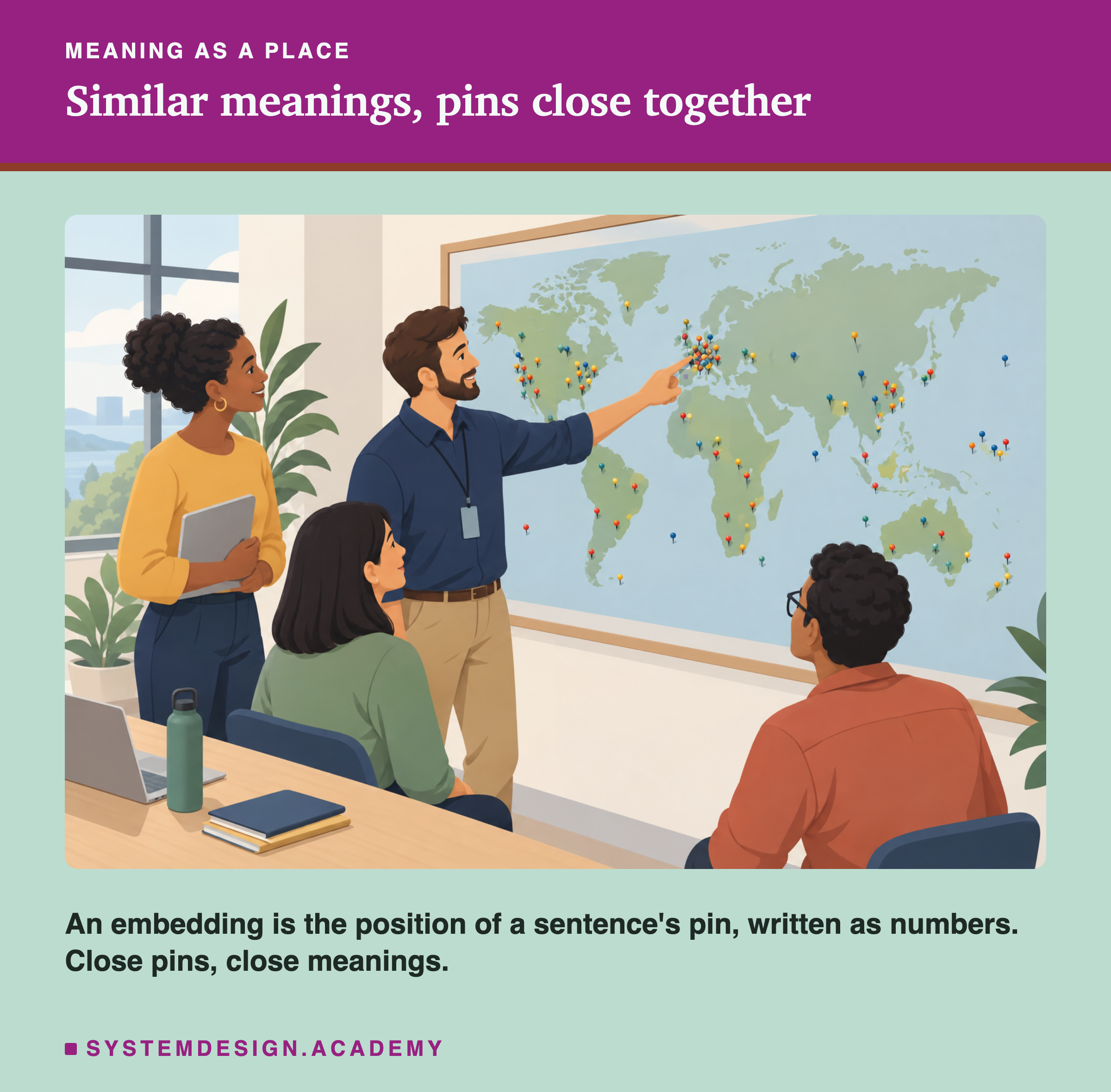 An illustration of an engineer pointing at a tight cluster of coloured pins on a large wall map while colleagues watch. A line says an embedding is the position of a sentence's pin, written as numbers.