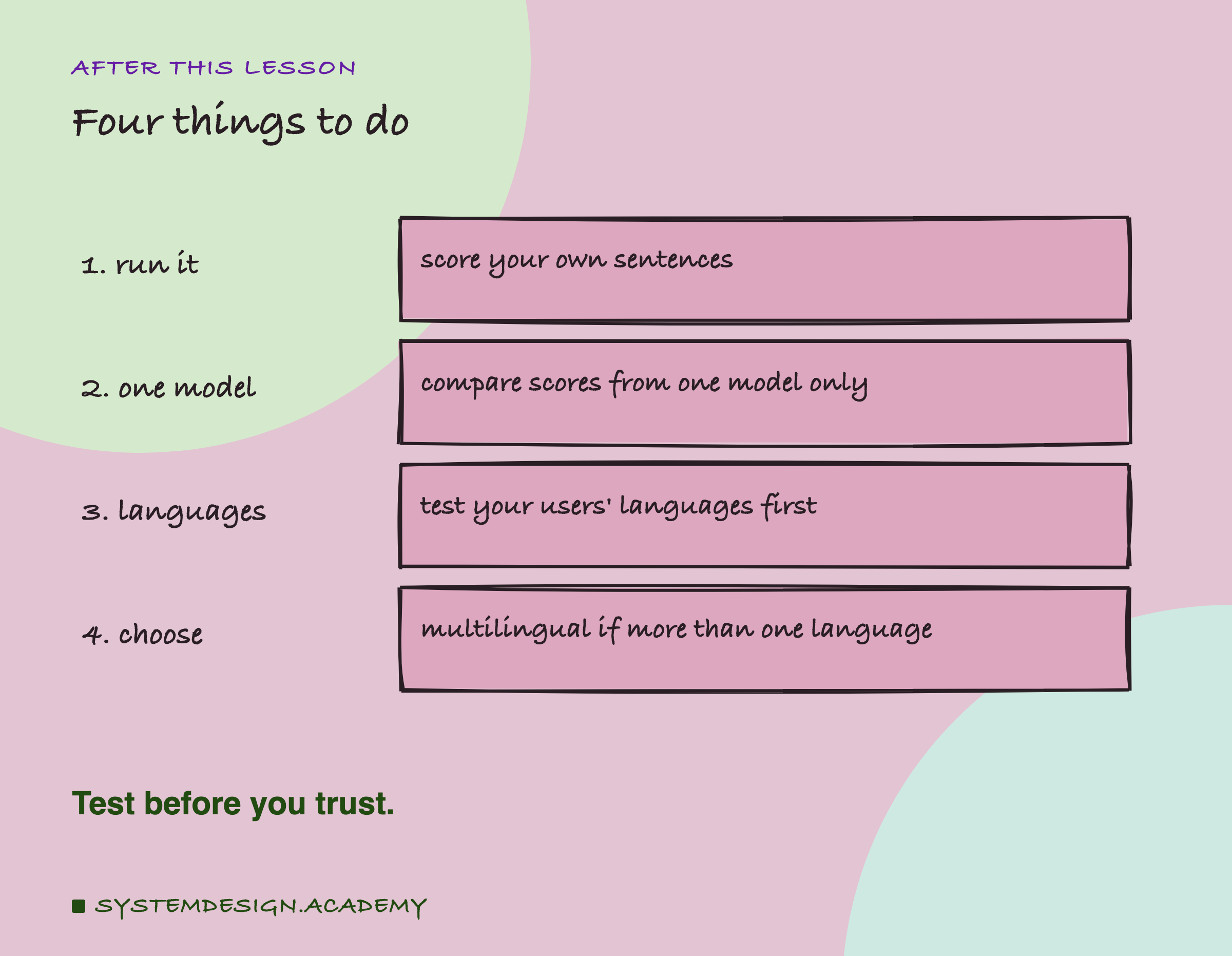 A hand-drawn list of four things to do: score your own sentences, compare scores from one model only, test your users' languages first, and choose a multilingual model if more than one language is involved.