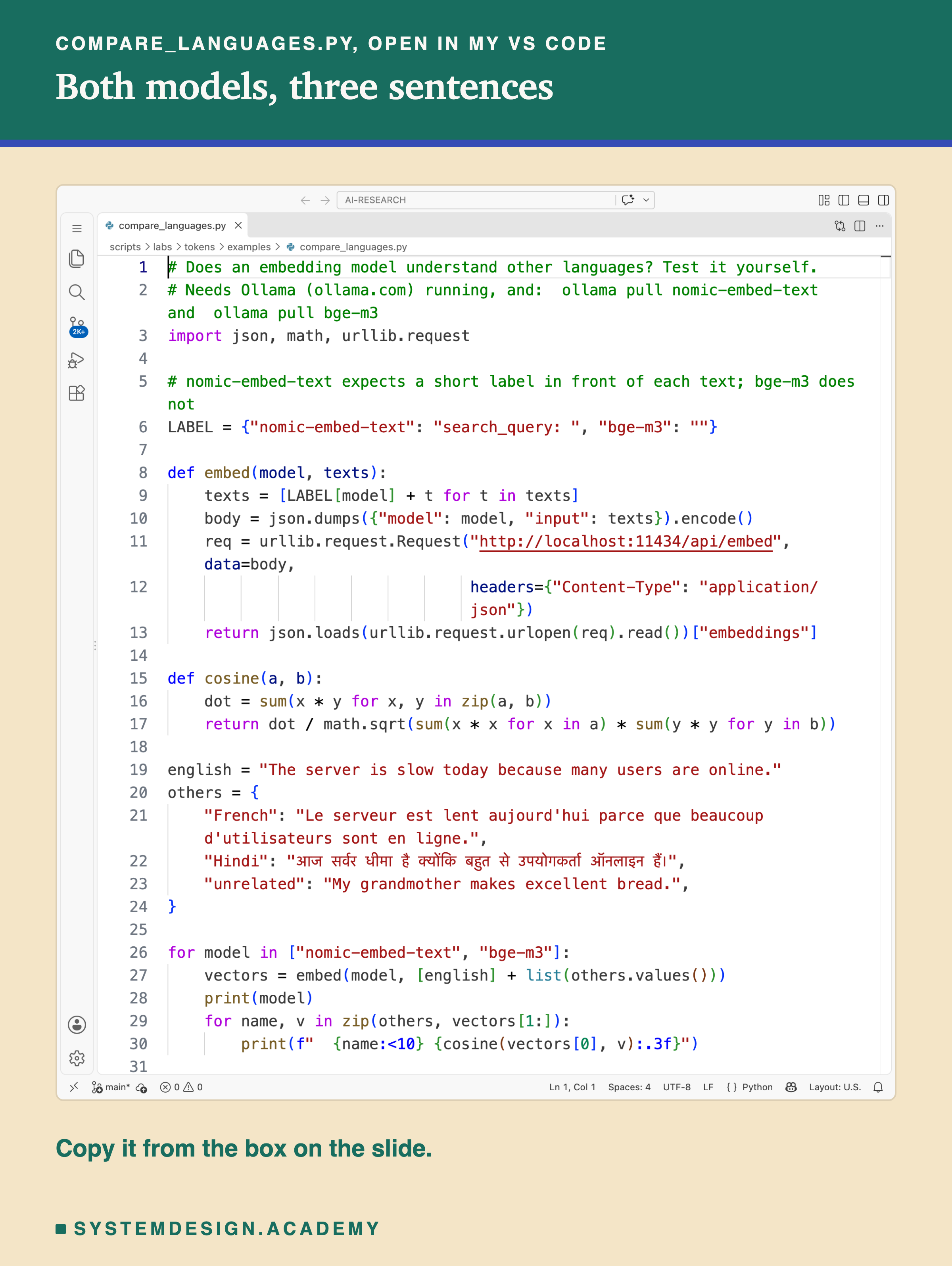 A real screenshot of compare_languages.py open in VS Code. It sends texts to Ollama's embed endpoint, adds nomic's search_query label, computes cosine similarity in two lines, and compares an English sentence with French, Hindi and an unrelated sentence for nomic-embed-text and bge-m3.