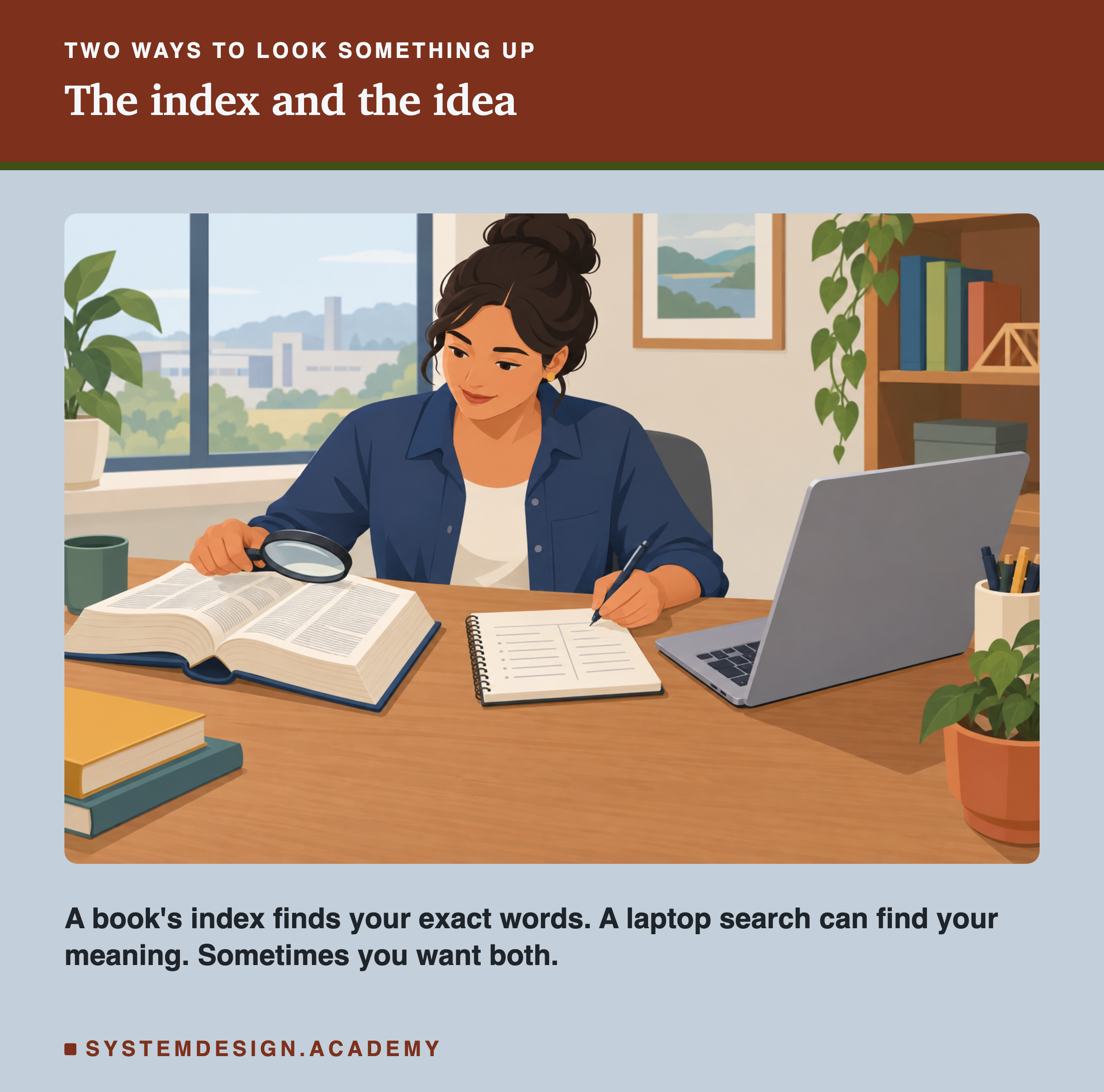 A flat illustration of an engineer at a desk with a thick printed index book under a magnifying glass on one side, an open laptop on the other, and a notepad between them where she writes down results from both. A line says a book's index finds your exact words, a laptop search can find your meaning, and sometimes you want both.