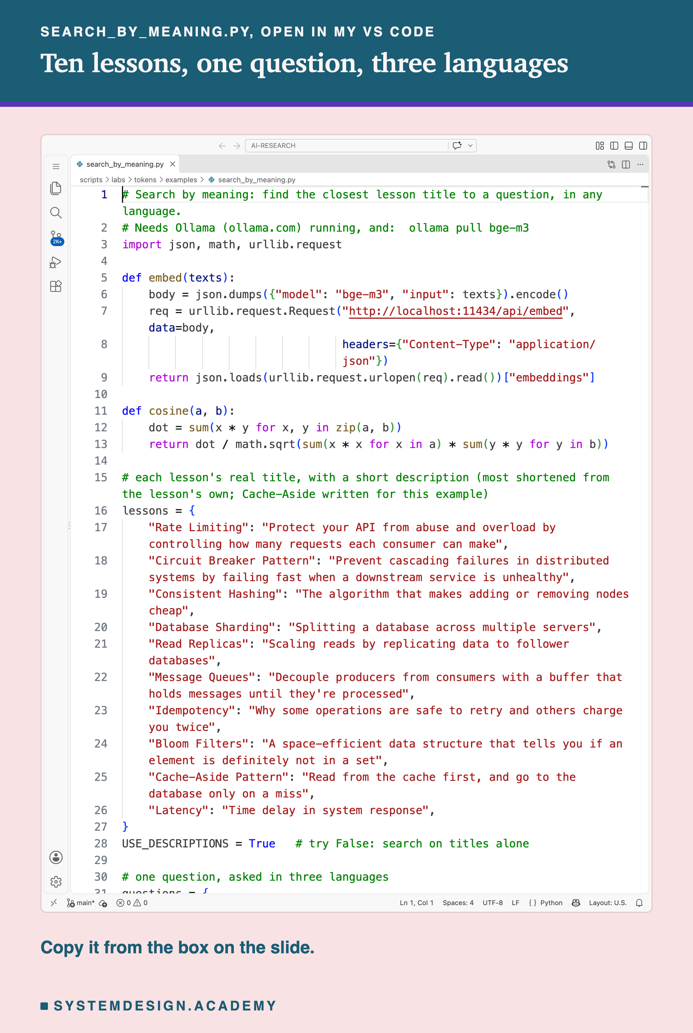A real screenshot of search_by_meaning.py open in VS Code: ten real lesson titles with short descriptions, a USE_DESCRIPTIONS switch, and one question in English, Spanish and Hindi, each ranked against the lessons with bge-m3.