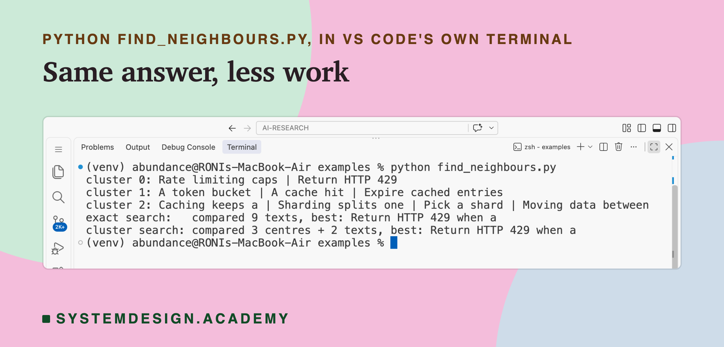 A real screenshot of VS Code's terminal after running python find_neighbours.py. Cluster 0: Rate limiting caps, Return HTTP 429. Cluster 1: A token bucket, A cache hit, Expire cached entries. Cluster 2: Caching keeps a, Sharding splits one, Pick a shard, Moving data between. Exact search compared 9 texts, best: Return HTTP 429 when a. Cluster search compared 3 centres plus 2 texts, best: Return HTTP 429 when a.