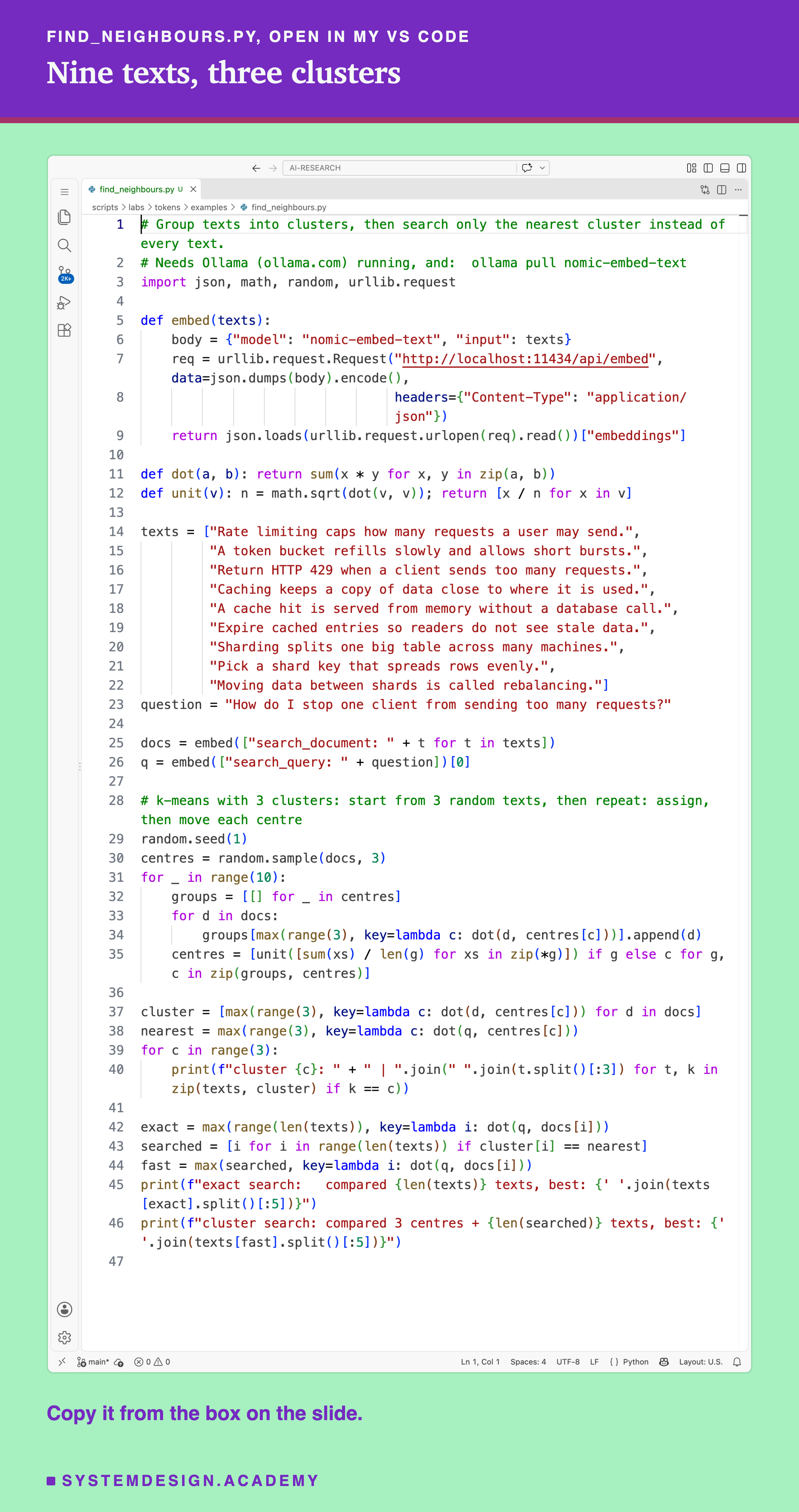 A real screenshot of find_neighbours.py open in VS Code, 47 lines: an embed function using nomic-embed-text through Ollama, dot and unit helpers, nine texts about rate limiting, caching and sharding, a question about a client sending too many requests, a k-means loop with 3 clusters and a random seed of 1 that assigns every text to its nearest centre and moves each centre 10 times, then prints each cluster and compares exact search with cluster search.