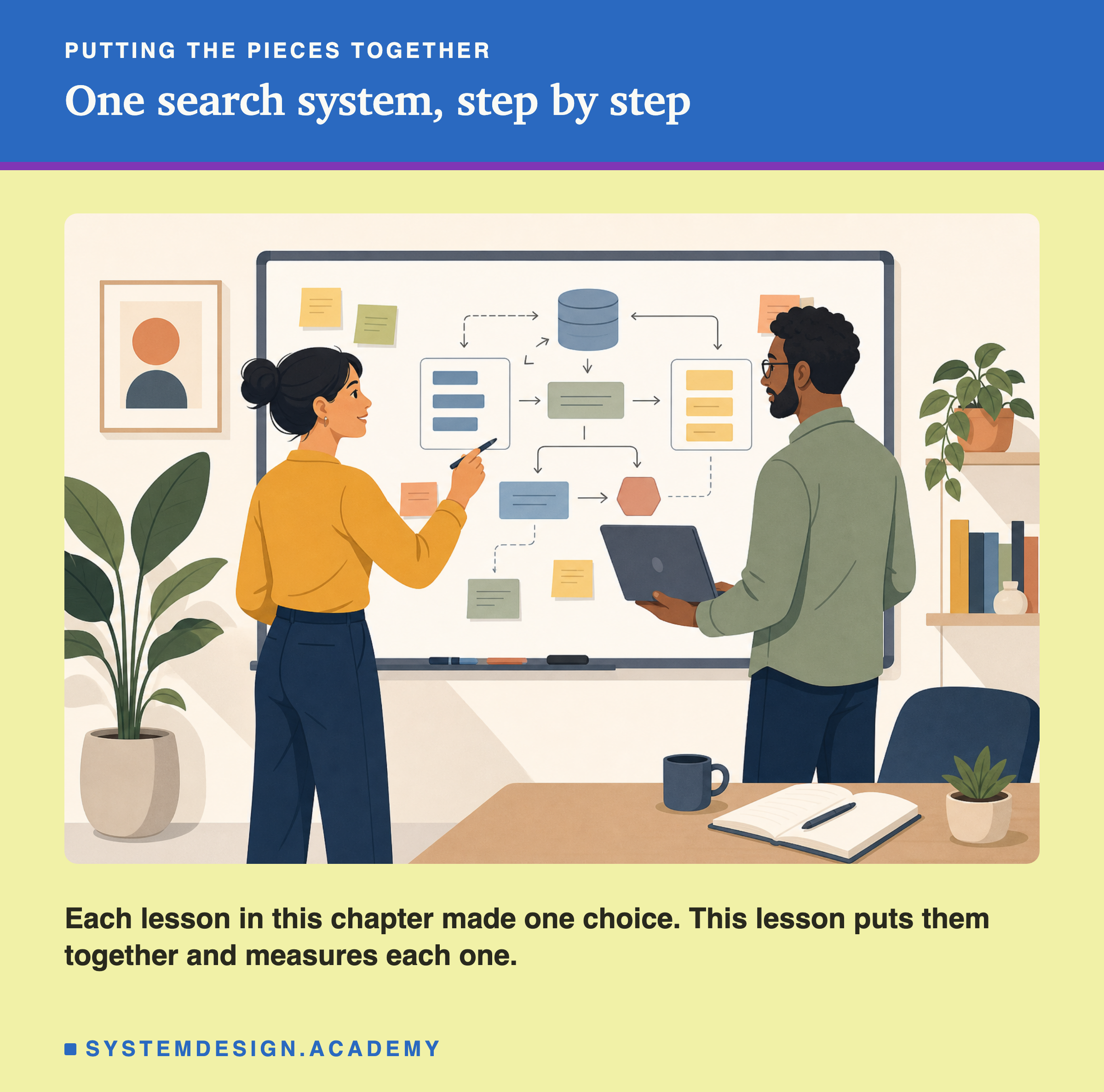 A flat illustration of two engineers at a whiteboard covered with a diagram of boxes, arrows and a database cylinder, one pointing with a marker while the other holds a laptop. A line says each lesson in this chapter made one choice, and this lesson puts them together and measures each one.