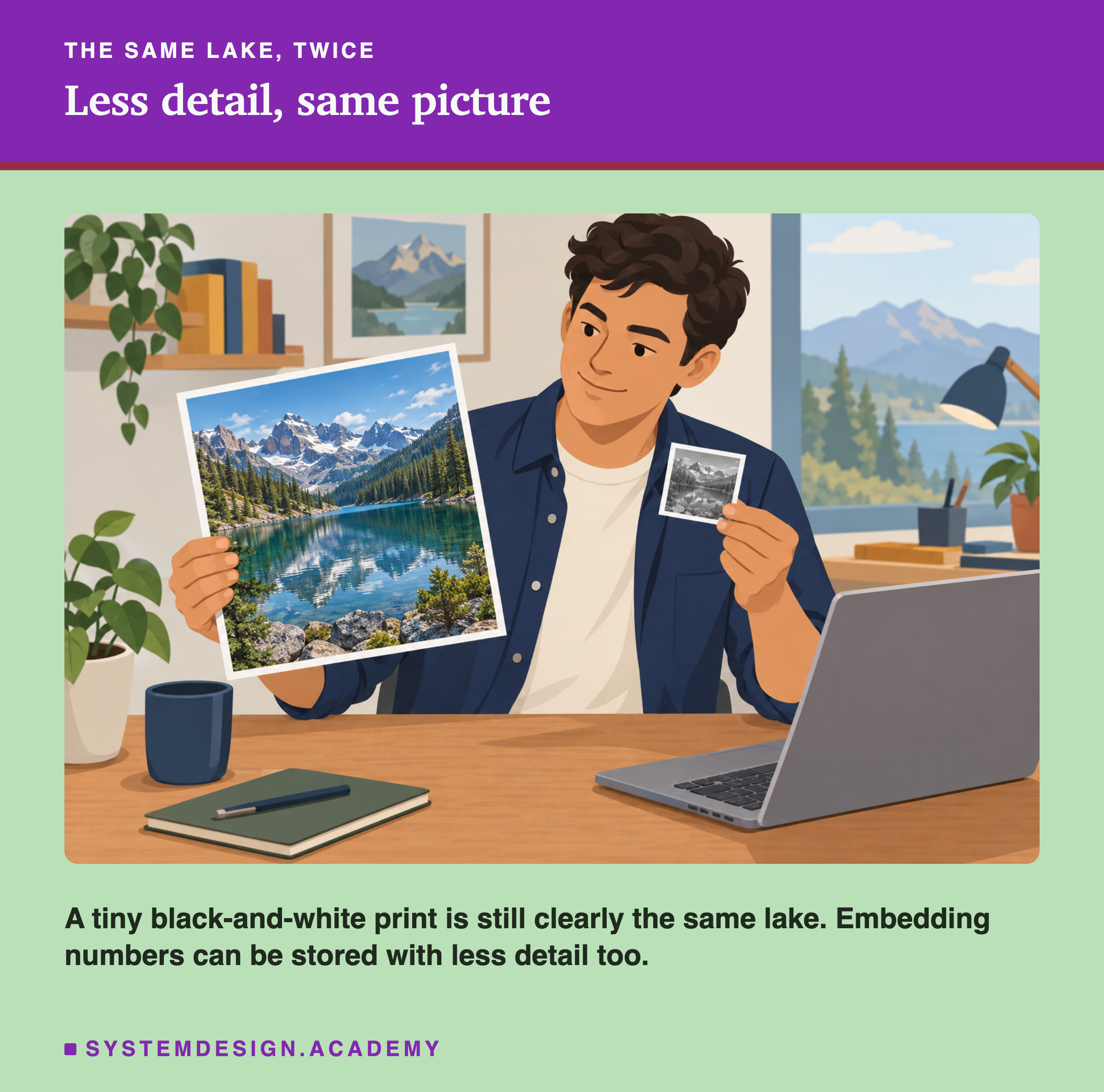 A flat illustration of an engineer at a desk holding a large, detailed colour photo of a mountain lake in one hand and a tiny black-and-white print of the same lake in the other, beside an open laptop. A line says a tiny black-and-white print is still clearly the same lake, and embedding numbers can be stored with less detail too.