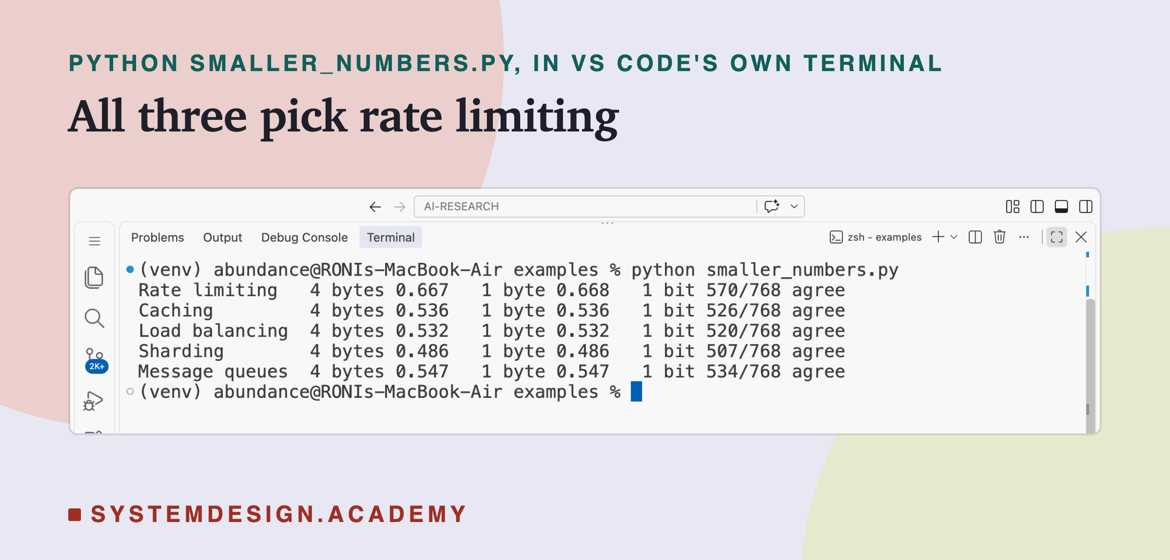 A real screenshot of VS Code's terminal after running python smaller_numbers.py. Rate limiting: 4 bytes 0.667, 1 byte 0.668, 1 bit 570 of 768 agree. Caching: 0.536, 0.536, 526. Load balancing: 0.532, 0.532, 520. Sharding: 0.486, 0.486, 507. Message queues: 0.547, 0.547, 534.