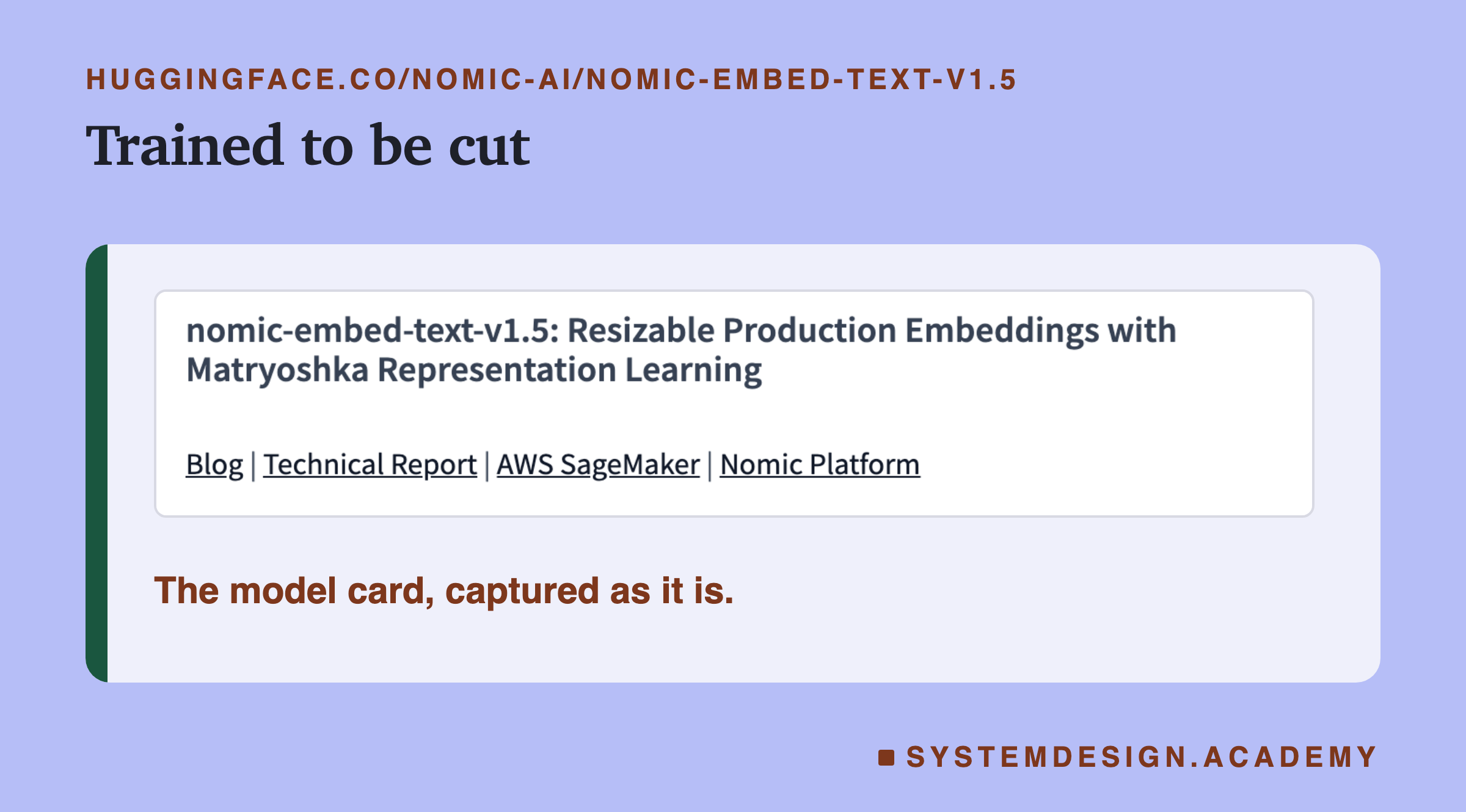 A real capture of the Hugging Face model card for nomic-embed-text-v1.5, showing the title: nomic-embed-text-v1.5, Resizable Production Embeddings with Matryoshka Representation Learning, and links to the blog, technical report, AWS SageMaker and Nomic Platform. A note says the model card was captured as it is.