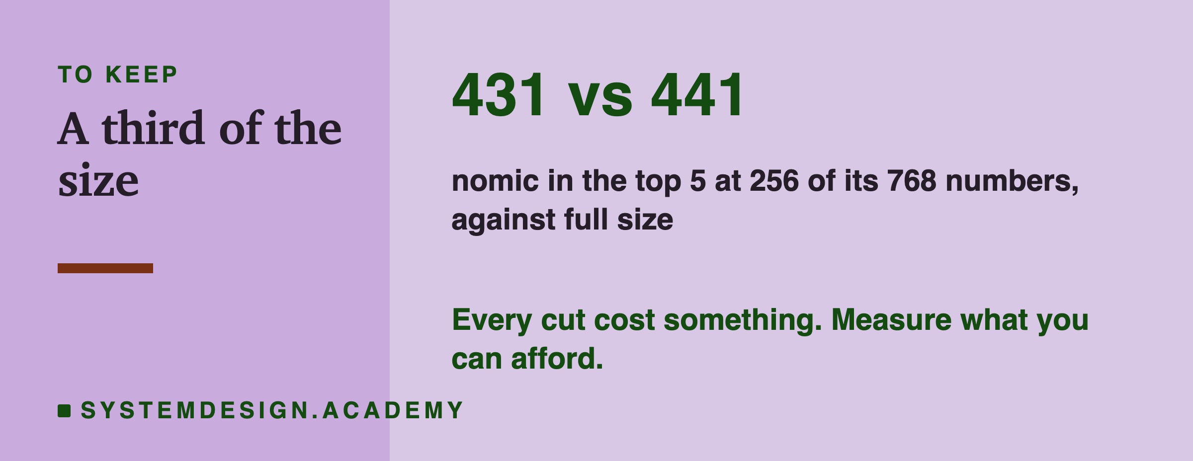 The number to keep: 431 against 441, nomic in the top 5 at 256 of its 768 numbers against full size. A note says every cut cost something; measure what you can afford.