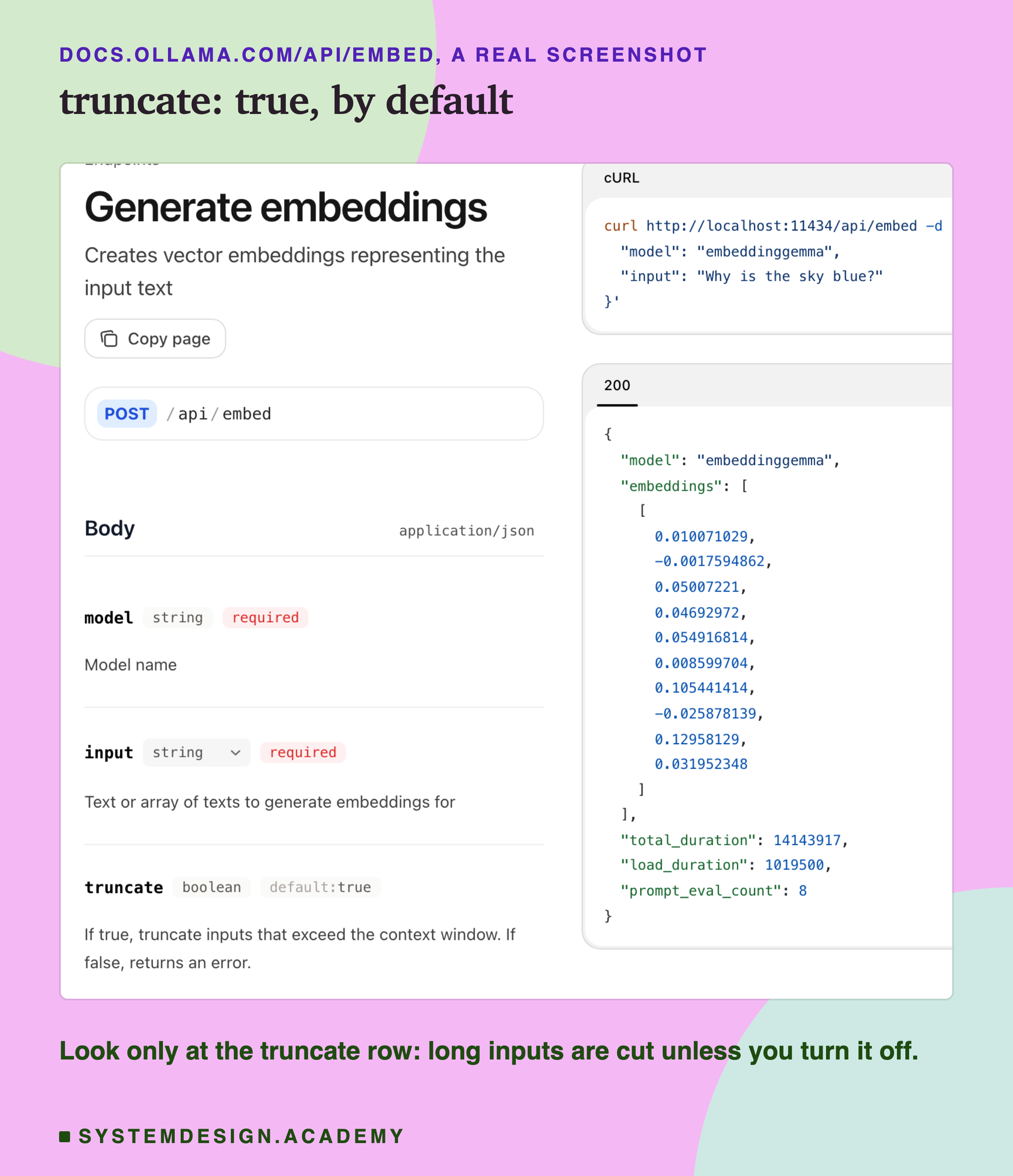 A real screenshot of Ollama's documentation for the embed endpoint, showing the truncate option, true by default: inputs longer than the context window are cut, and if false an error is returned.