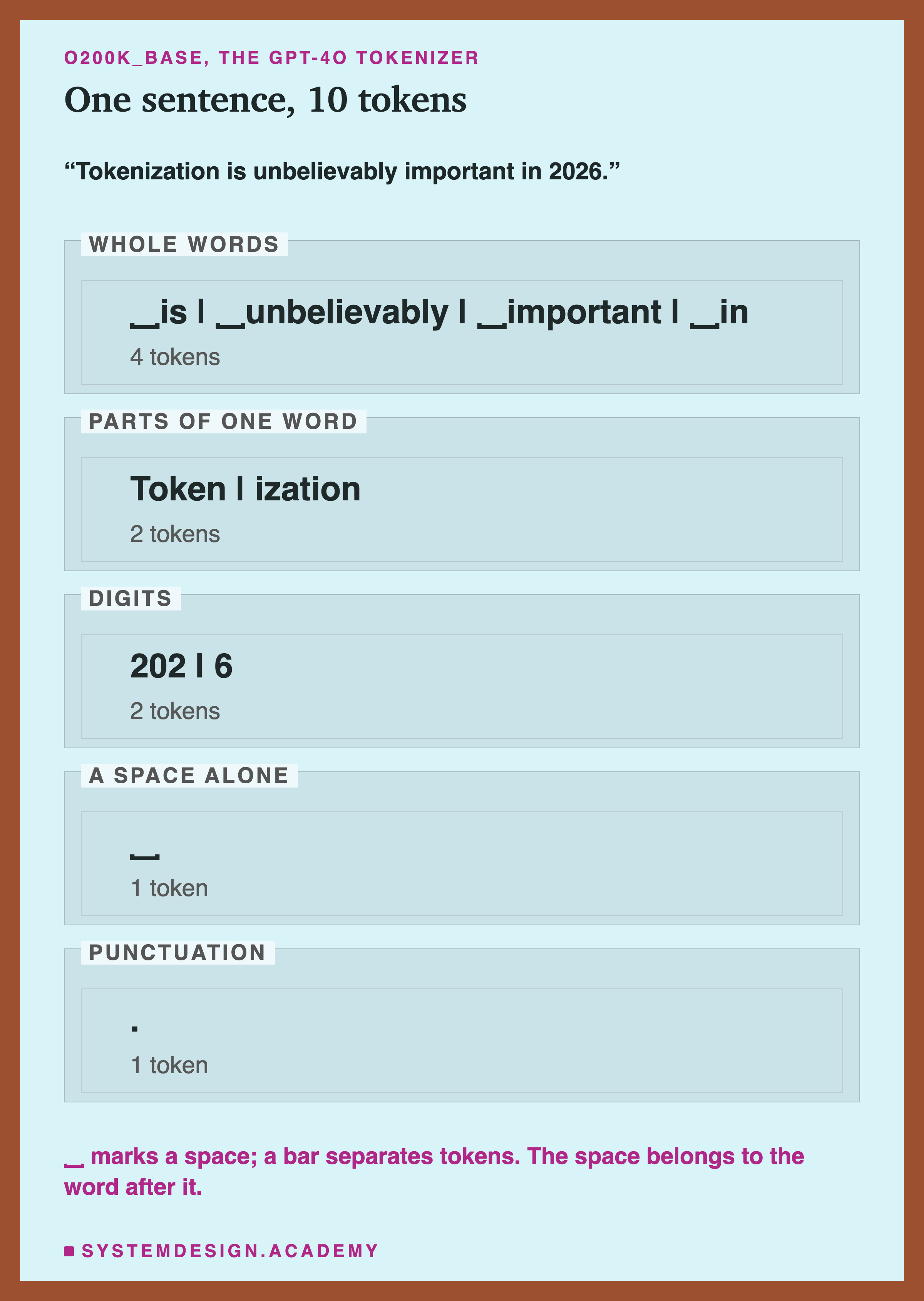 The sentence Tokenization is unbelievably important in 2026, cut by o200k_base into 10 tokens and grouped by kind. Whole words, 4 tokens: is, unbelievably, important, in, each with its leading space. Parts of one word, 2 tokens: Token and ization. Digits, 2 tokens: 202 and 6. A space alone, 1 token. Punctuation, 1 token: the full stop.