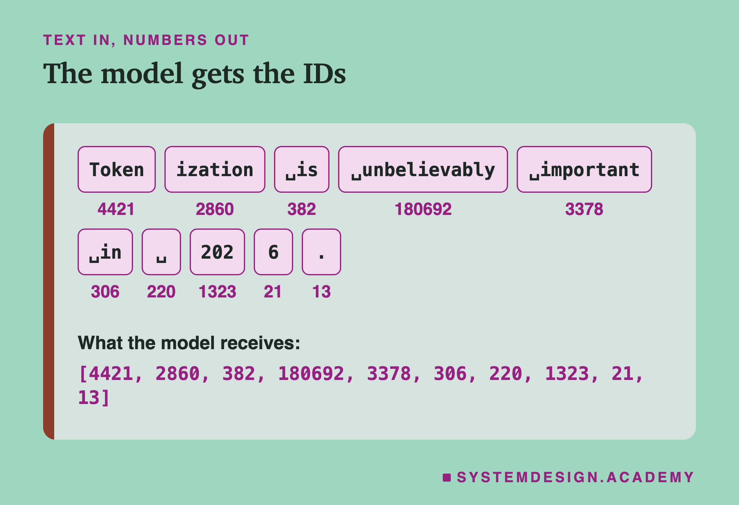 The ten tokens of the example sentence as boxes, each with its ID under it: Token 4421, ization 2860, is 382, unbelievably 180692, important 3378, in 306, a space 220, 202 1323, 6 21, and the full stop 13. Below, the list of numbers the model receives.
