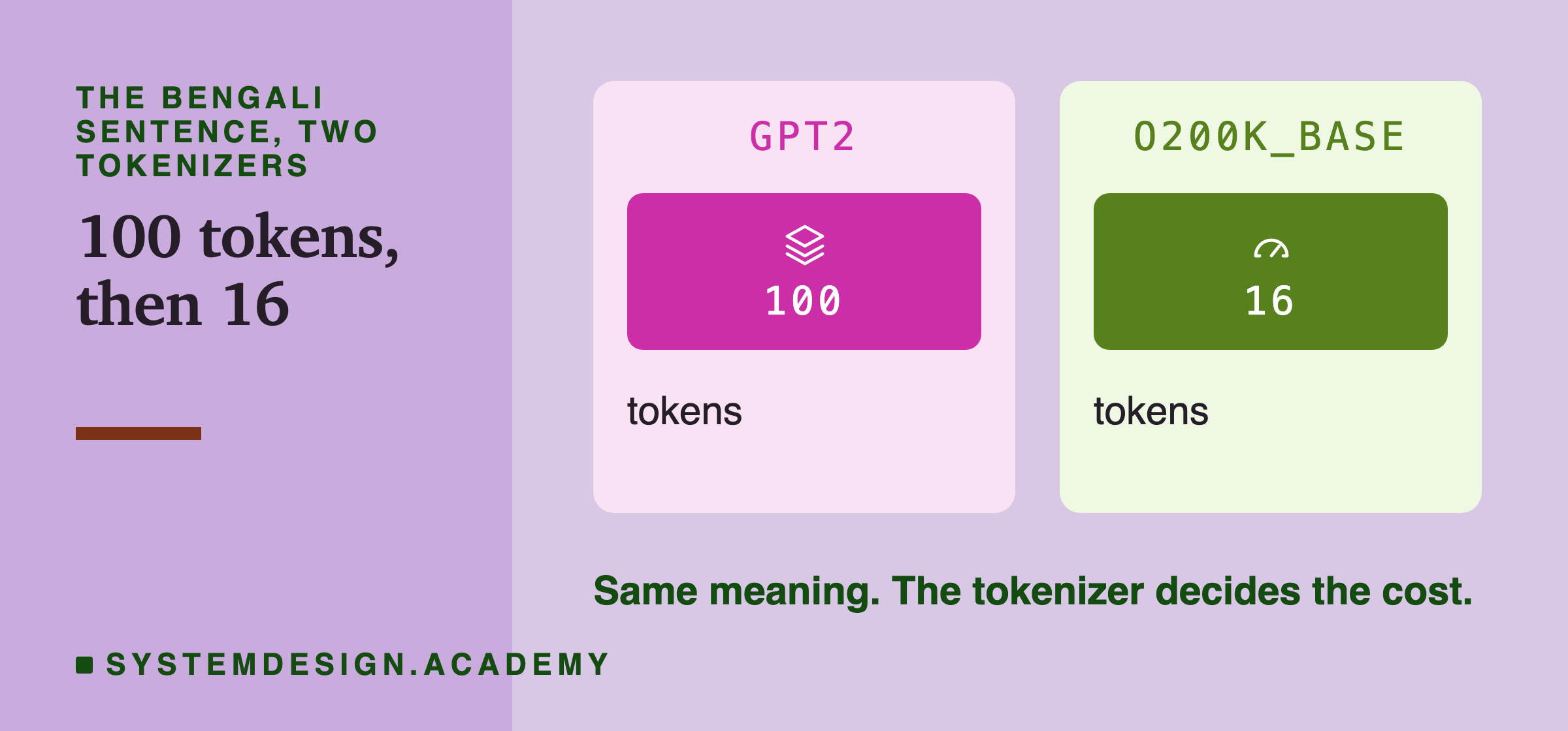 Two panels for the Bengali sentence: 100 tokens with gpt2 and 16 tokens with o200k_base. A line says the meaning is the same and the tokenizer decides the cost.