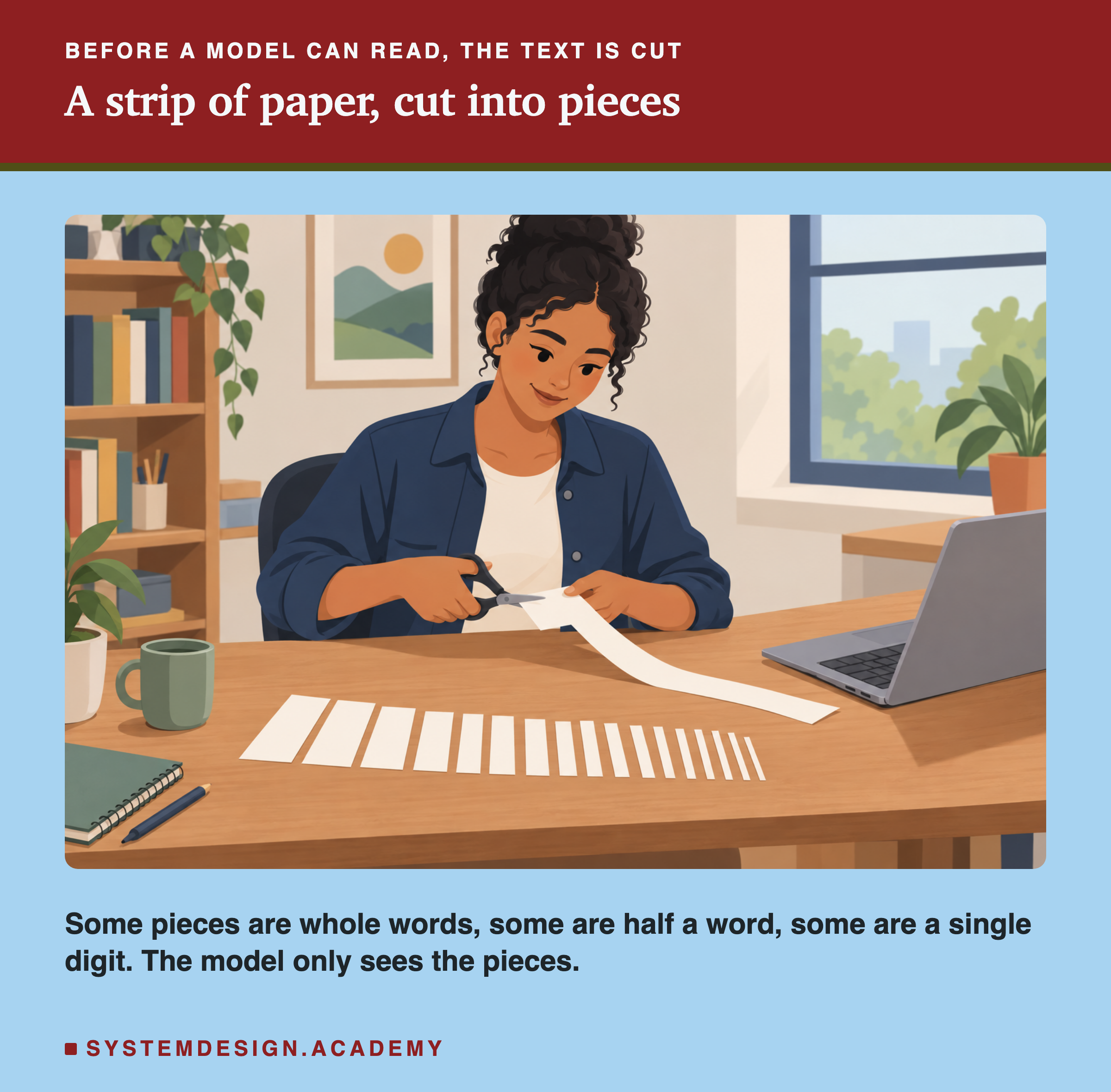 An illustration of an engineer at a desk cutting a long blank strip of paper into small pieces of different widths with scissors, the pieces laid out in a row. A line under it says some pieces are whole words, some are half a word, some are a single digit, and the model only sees the pieces.