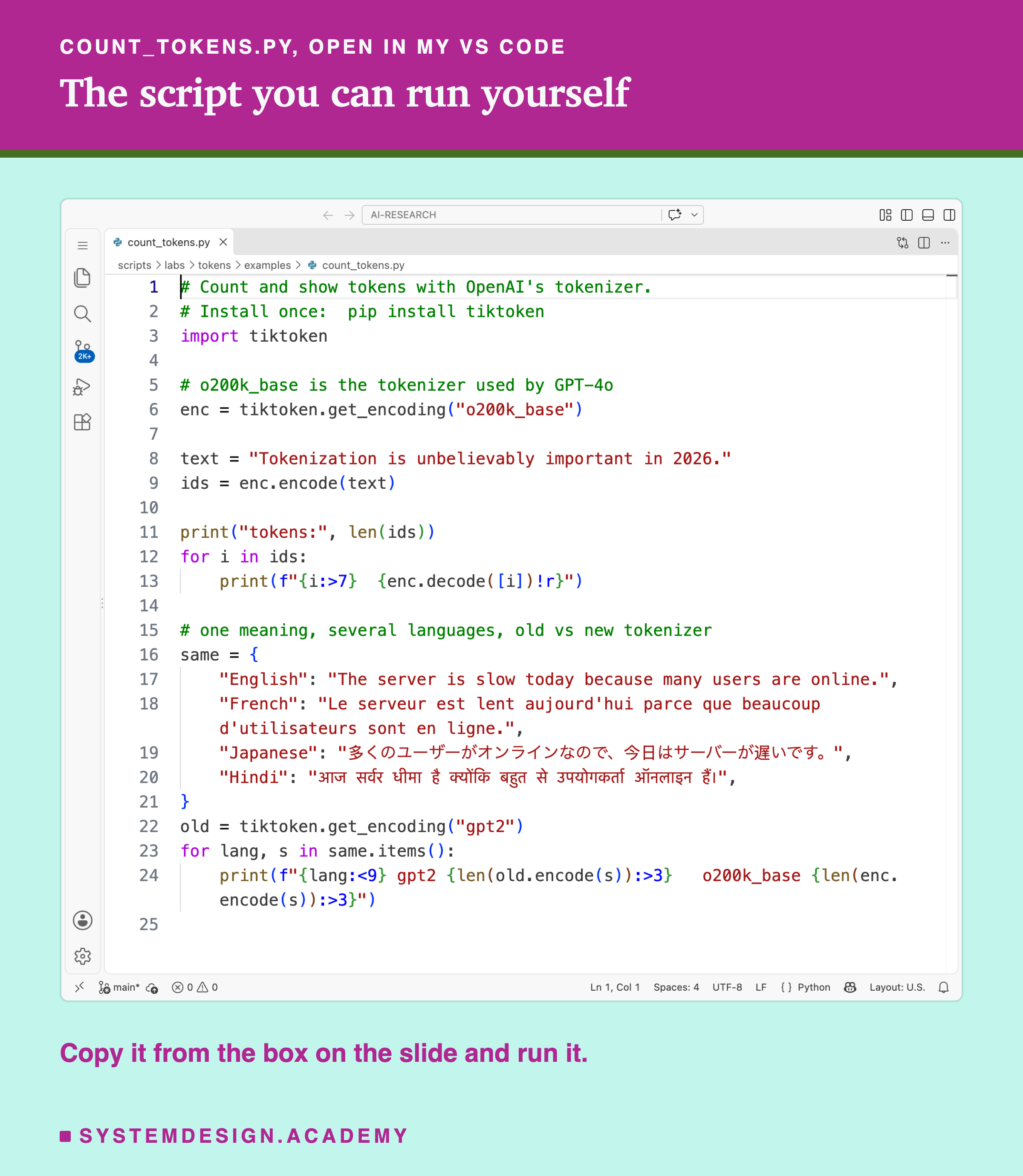 A real screenshot of count_tokens.py open in VS Code. The script loads the o200k_base tokenizer, encodes the example sentence and prints each token ID with its text, then counts one sentence in English, French, Japanese and Hindi with the gpt2 and o200k_base tokenizers.