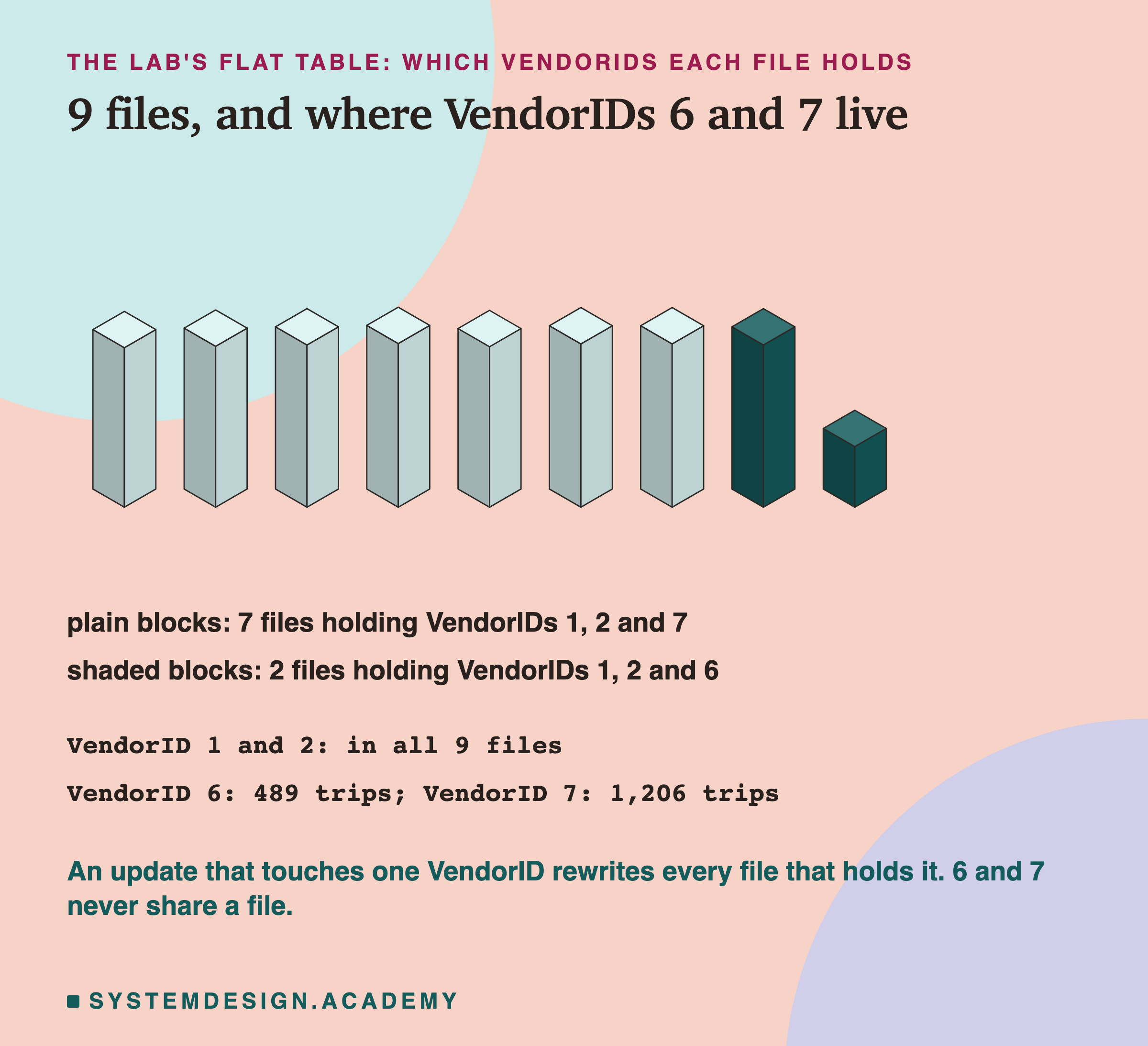 An isometric row of 9 upright blocks, one per data file, each as tall as its row count; the first seven are plain, the last two are shaded darker, and the last one is much shorter. Text: plain blocks: 7 files holding VendorIDs 1, 2 and 7; shaded blocks: 2 files holding VendorIDs 1, 2 and 6. VendorID 1 and 2: in all 9 files. VendorID 6: 489 trips; VendorID 7: 1,206 trips. Below: an update that touches one VendorID rewrites every file that holds it; 6 and 7 never share a file.