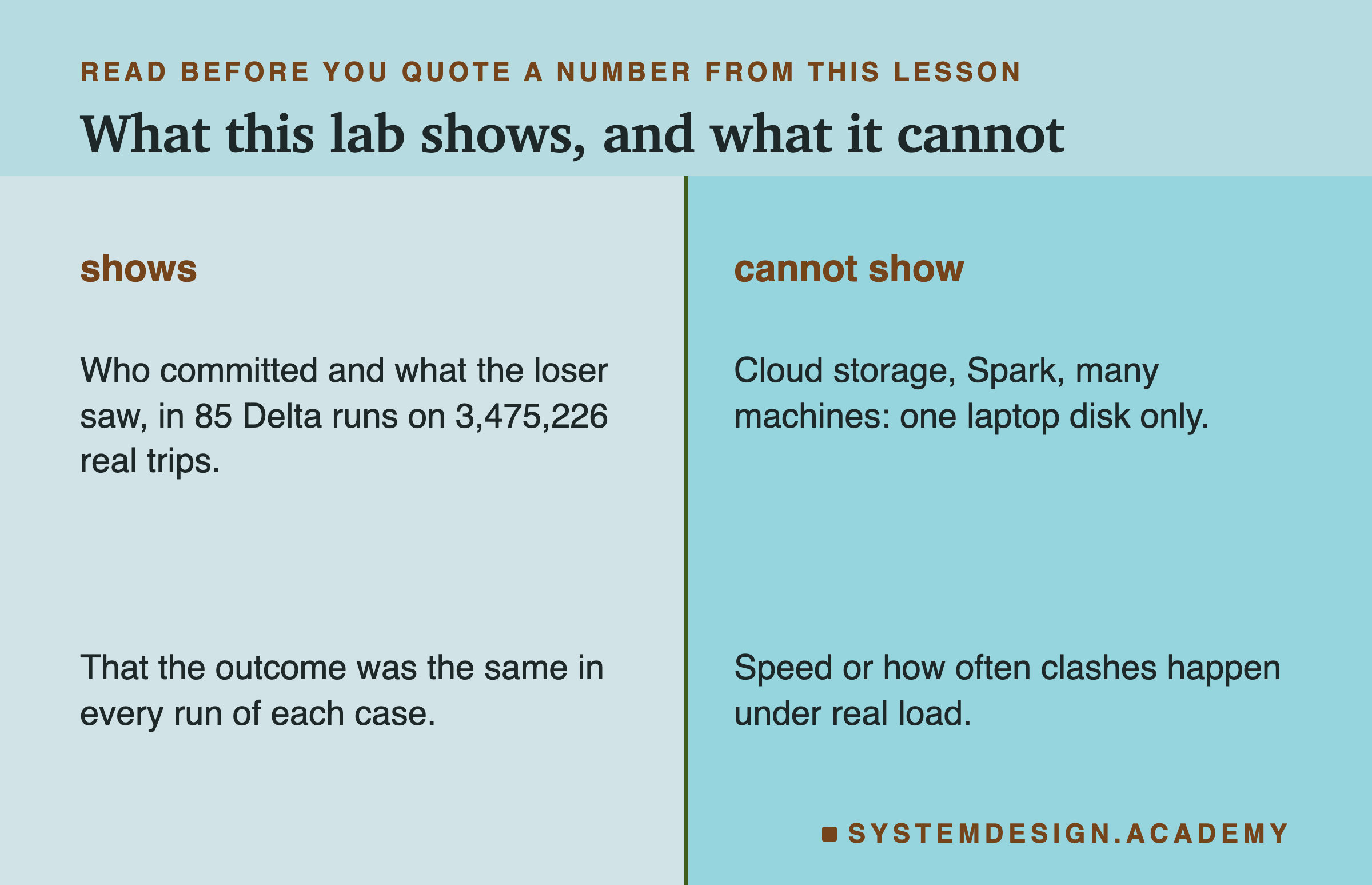 Two columns titled what this lab shows, and what it cannot. Shows: who committed and what the loser saw, in 85 Delta runs on 3,475,226 real trips; that the outcome was the same in every run of each case. Cannot show: cloud storage, Spark, many machines, one laptop disk only; speed or how often clashes happen under real load.