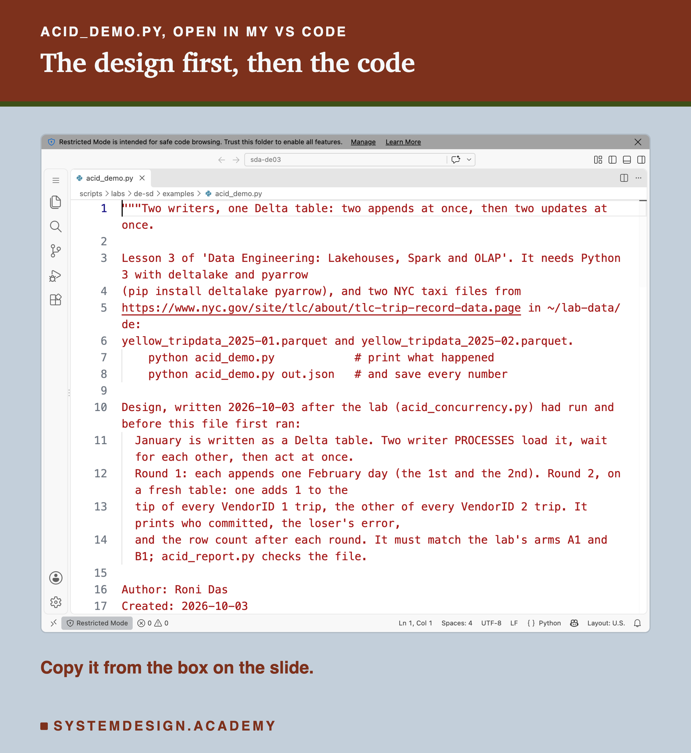 A real screenshot of VS Code with acid_demo.py open at the top of the file, showing its docstring: what it needs, the pip install line, how to run it, and the design written before it first ran. A bar across the top says the folder is in Restricted Mode.