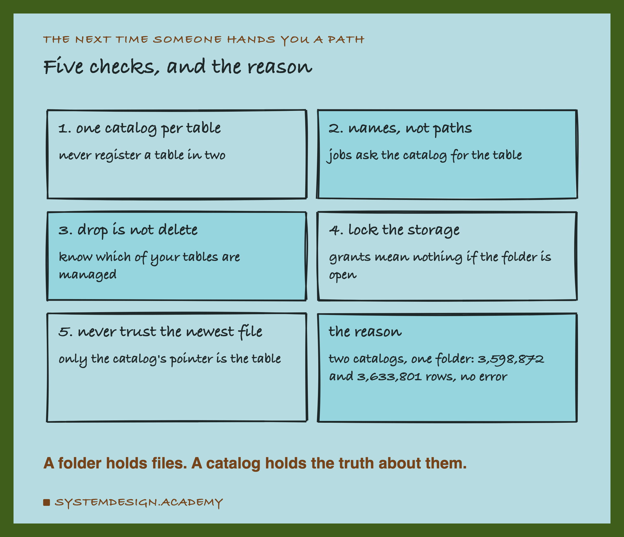 A hand-drawn grid of six cards, titled five checks and the reason. 1, one catalog per table: never register a table in two. 2, names, not paths: jobs ask the catalog for the table. 3, drop is not delete: know which of your tables are managed. 4, lock the storage: grants mean nothing if the folder is open. 5, never trust the newest file: only the catalog's pointer is the table. The reason: two catalogs, one folder, 3,598,872 and 3,633,801 rows, no error. Below: a folder holds files; a catalog holds the truth about them.