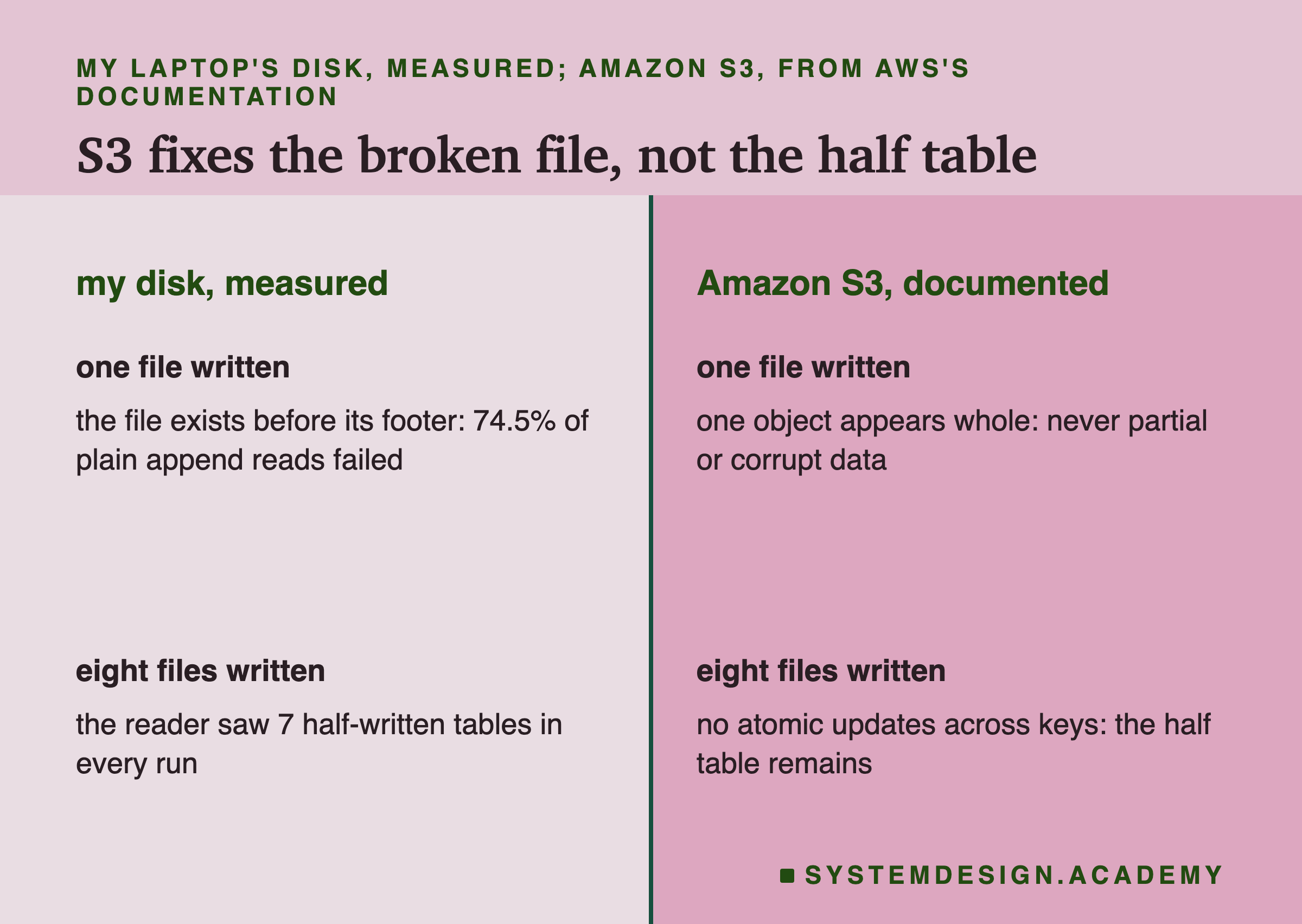 Two columns. One file being written: on my laptop's disk, the file exists before its footer, and 74.5% of plain append reads failed; on Amazon S3, one object appears whole, never partial, from AWS's own documentation. Eight files being written: on my disk, the reader saw 7 half-written tables in every run; on S3, "There is no way to make atomic updates across keys", so the half-written tables remain. Below: I ran the lab on a local disk only; the S3 column is AWS's documentation, not a measurement.