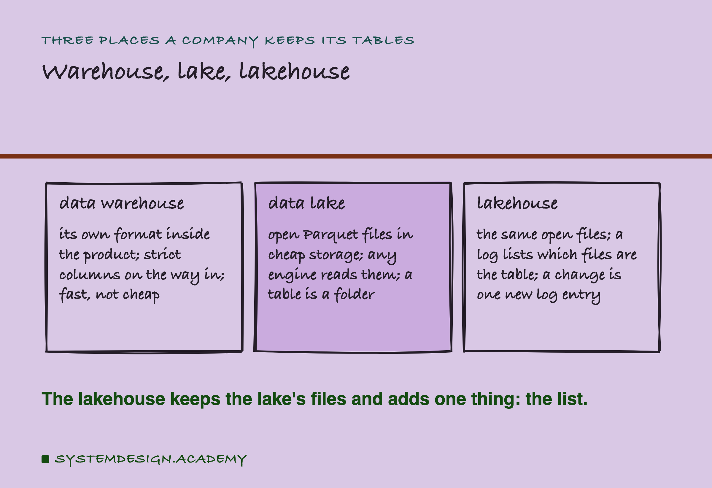 A hand-drawn grid of three cards. Data warehouse: its own format inside the product; strict columns on the way in; fast, not cheap. Data lake: open Parquet files in cheap storage; any engine reads them; a table is a folder. Lakehouse: the same open files; a log lists which files are the table; a change is one new log entry. Below: the lakehouse keeps the lake's files and adds one thing, the list.