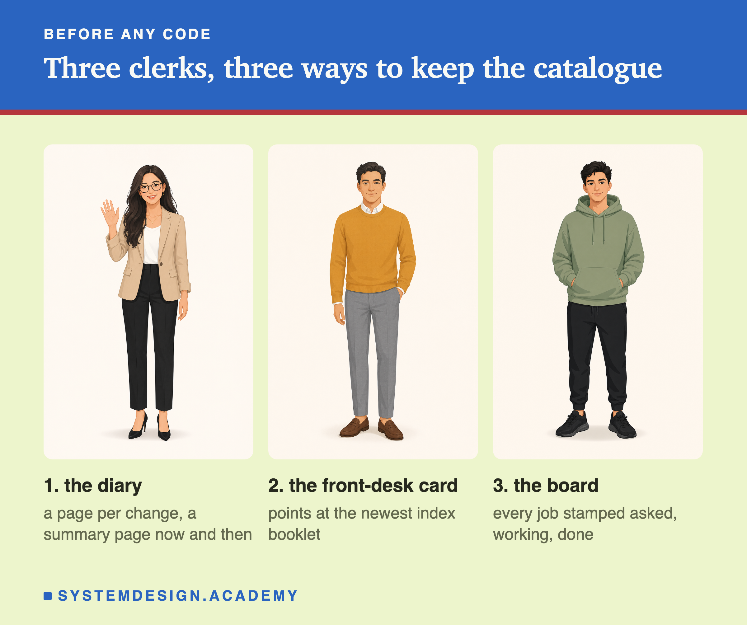 Three flat illustrations of people standing side by side, each labelled below. 1, the diary, a woman in a beige blazer: a page per change, a summary page now and then. 2, the front-desk card, a man in a mustard sweater: points at the newest index booklet. 3, the board, a man in a green hoodie: every job stamped asked, working, done.