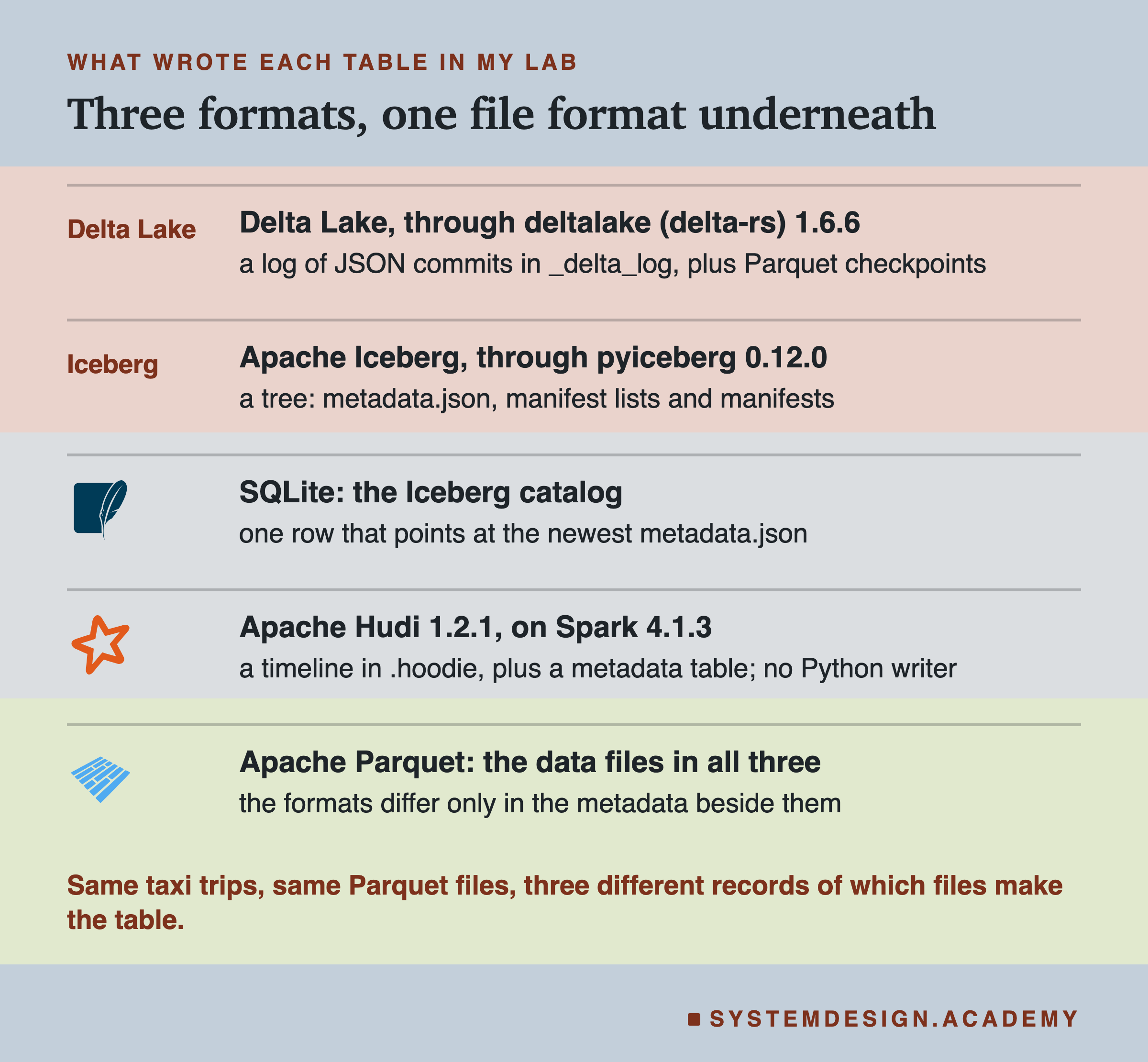 Five rows with product marks. Delta Lake, through deltalake (delta-rs) 1.6.6: a log of JSON commits in _delta_log, plus Parquet checkpoints. Apache Iceberg, through pyiceberg 0.12.0: a tree of metadata.json, manifest lists and manifests. SQLite: the Iceberg catalog, one row that points at the newest metadata.json. Apache Hudi 1.2.1 on Spark 4.1.3: a timeline in .hoodie plus a metadata table, no Python writer. Apache Parquet: the data files in all three.