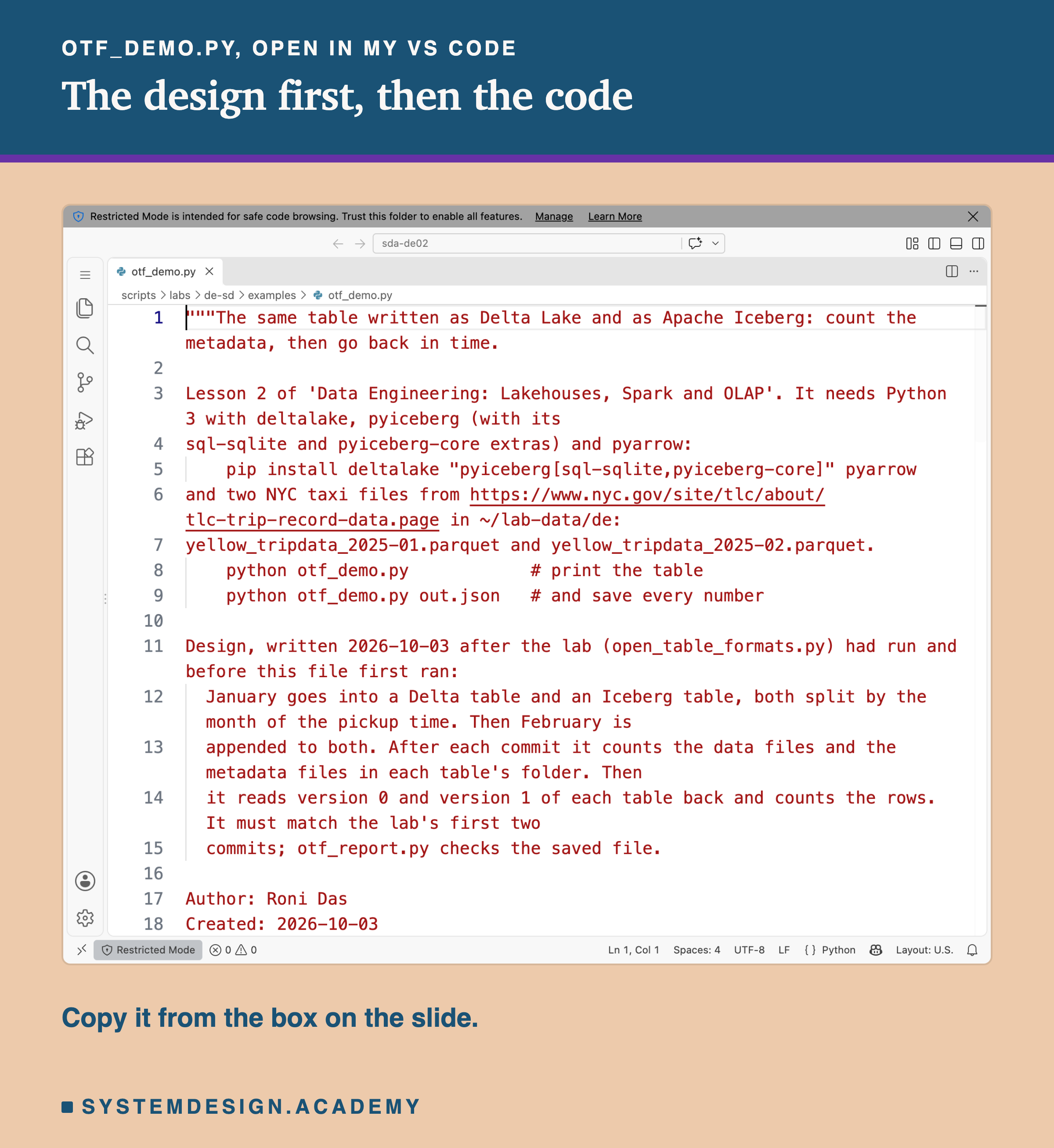 A real screenshot of VS Code with otf_demo.py open at the top of the file, showing its docstring: what it needs, the pip install line, how to run it, and the design written before it first ran. A bar across the top says the folder is in Restricted Mode.