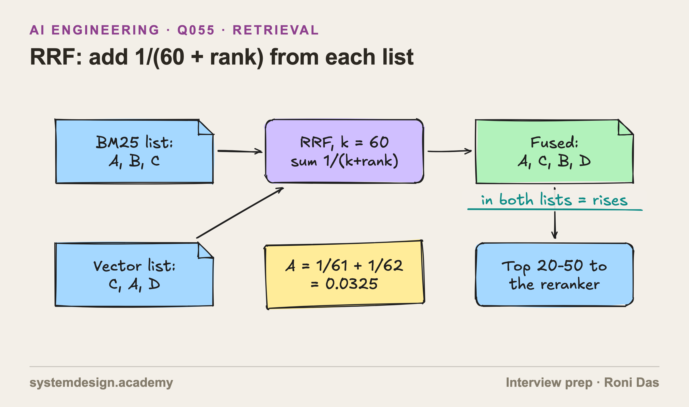 A sketch where a BM25 list A, B, C and a vector list C, A, D feed an RRF step with k equal to 60, producing the fused order A, C, B, D.