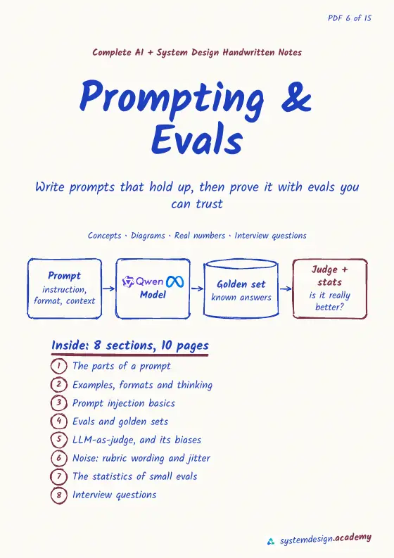 The top of the real cover page of PDF 6, Prompting & Evals: its title, subtitle and a small diagram.