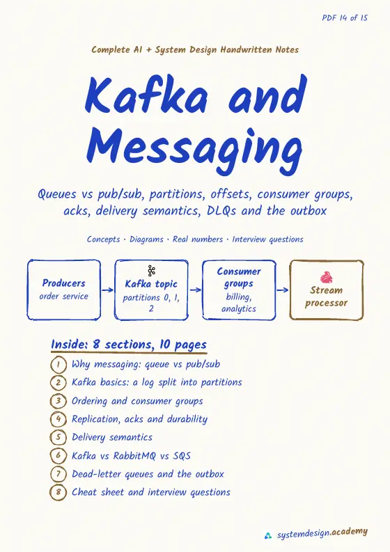 The top of the real cover page of PDF 14, Kafka and Messaging: its title, subtitle and a small diagram.