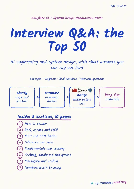 The top of the real cover page of PDF 15, Interview Q&A: the Top 50: its title, subtitle and a small diagram.